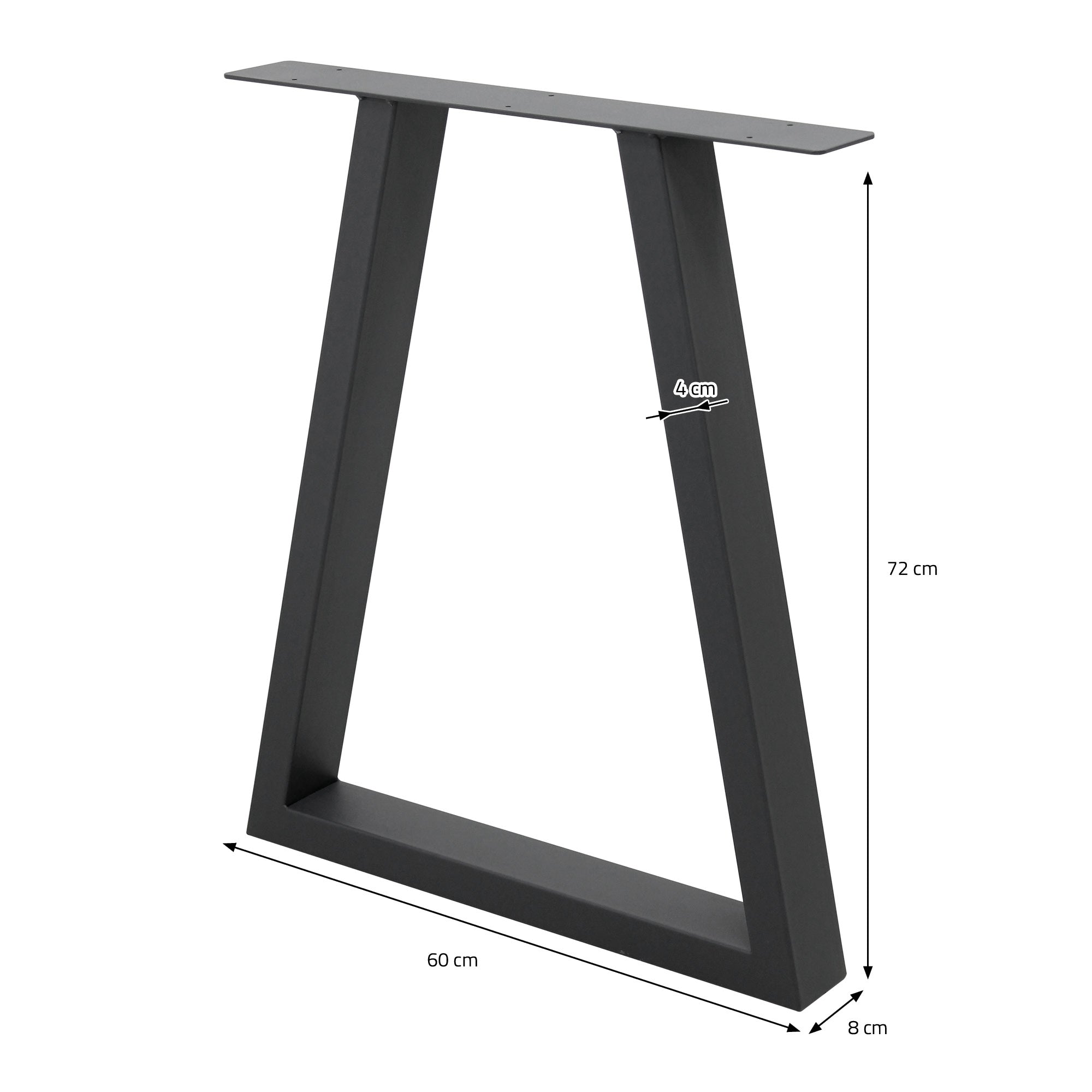 Ein schwarzes Tischgestell mit Maßen von 60 cm Breite und 72 cm Höhe.