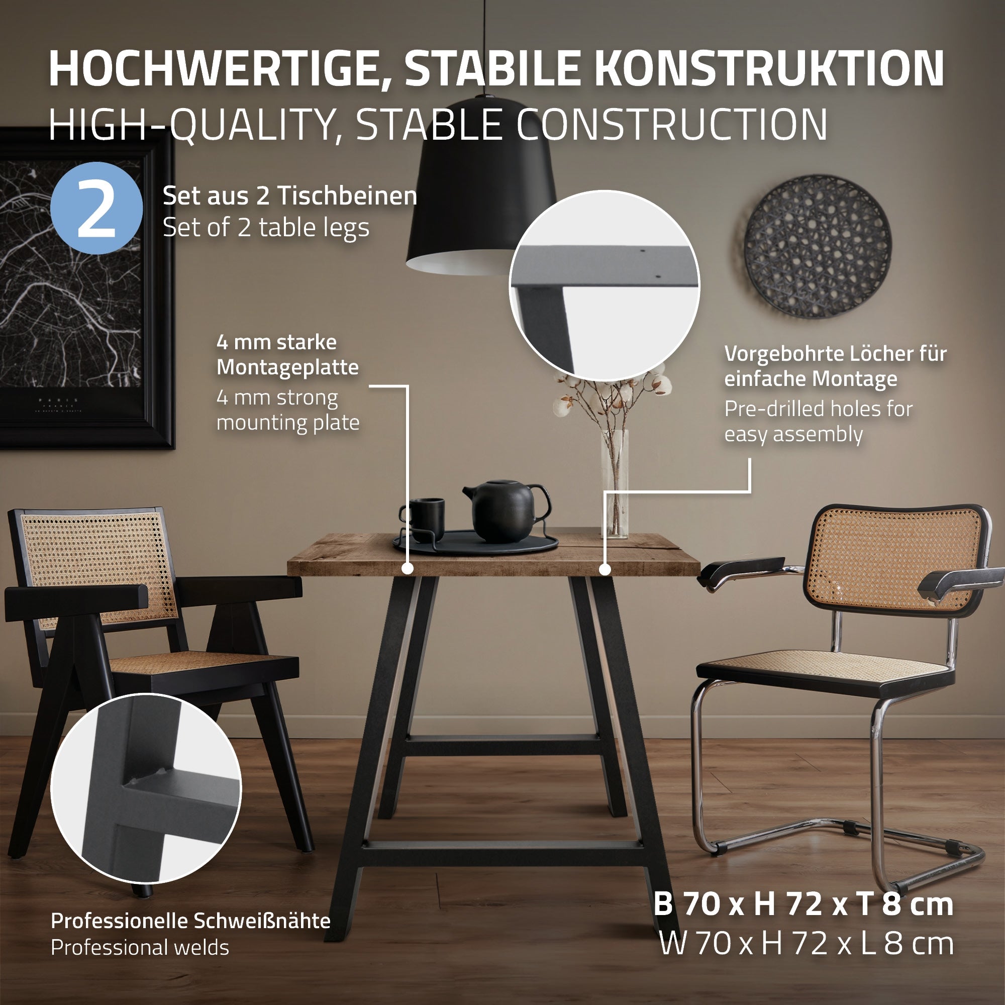 Zwei Tische mit stabiler Konstruktion und Kaffeekanne auf einem Tisch.