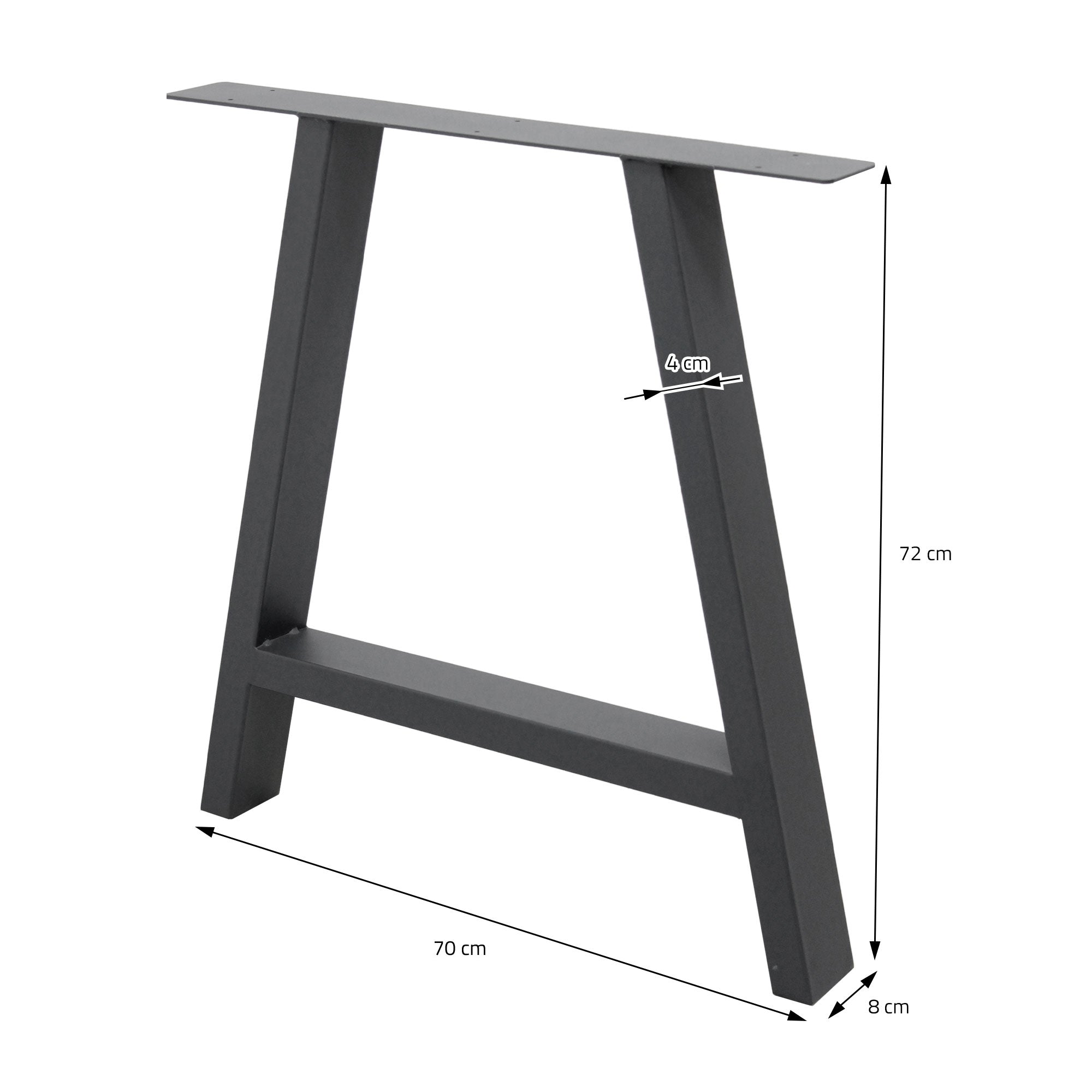 Ein schwarzes Tischgestell mit Maßen von 70 cm Breite und 72 cm Höhe.