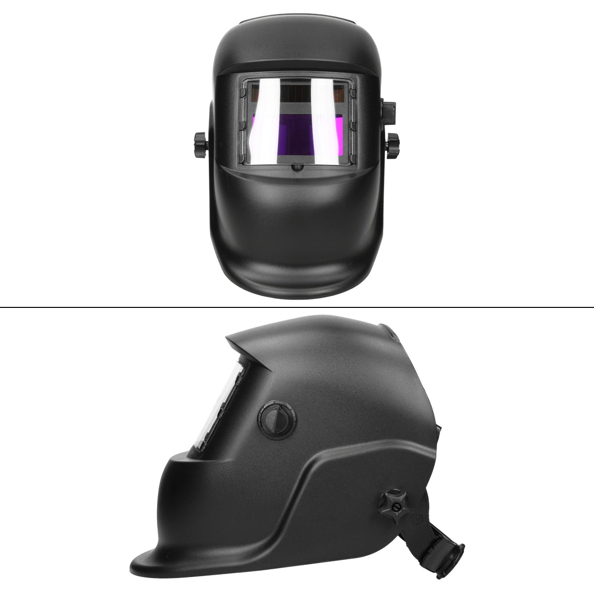 Welding helmet from the front and side, black with viewing window.