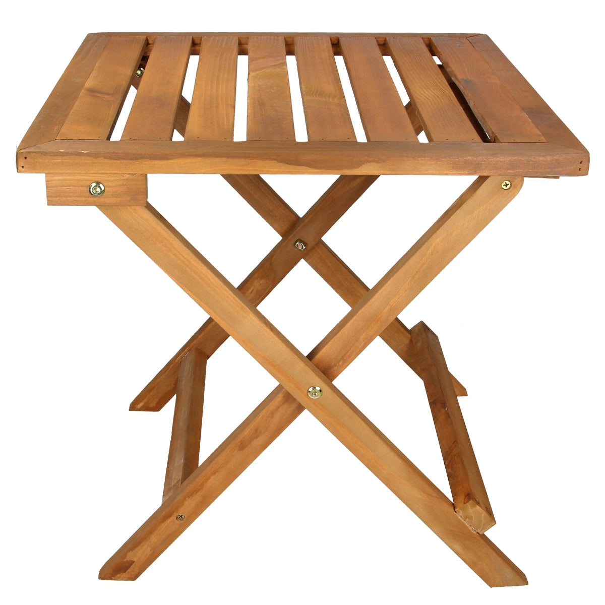Une table en bois carrée et pliable avec des lamelles horizontales.