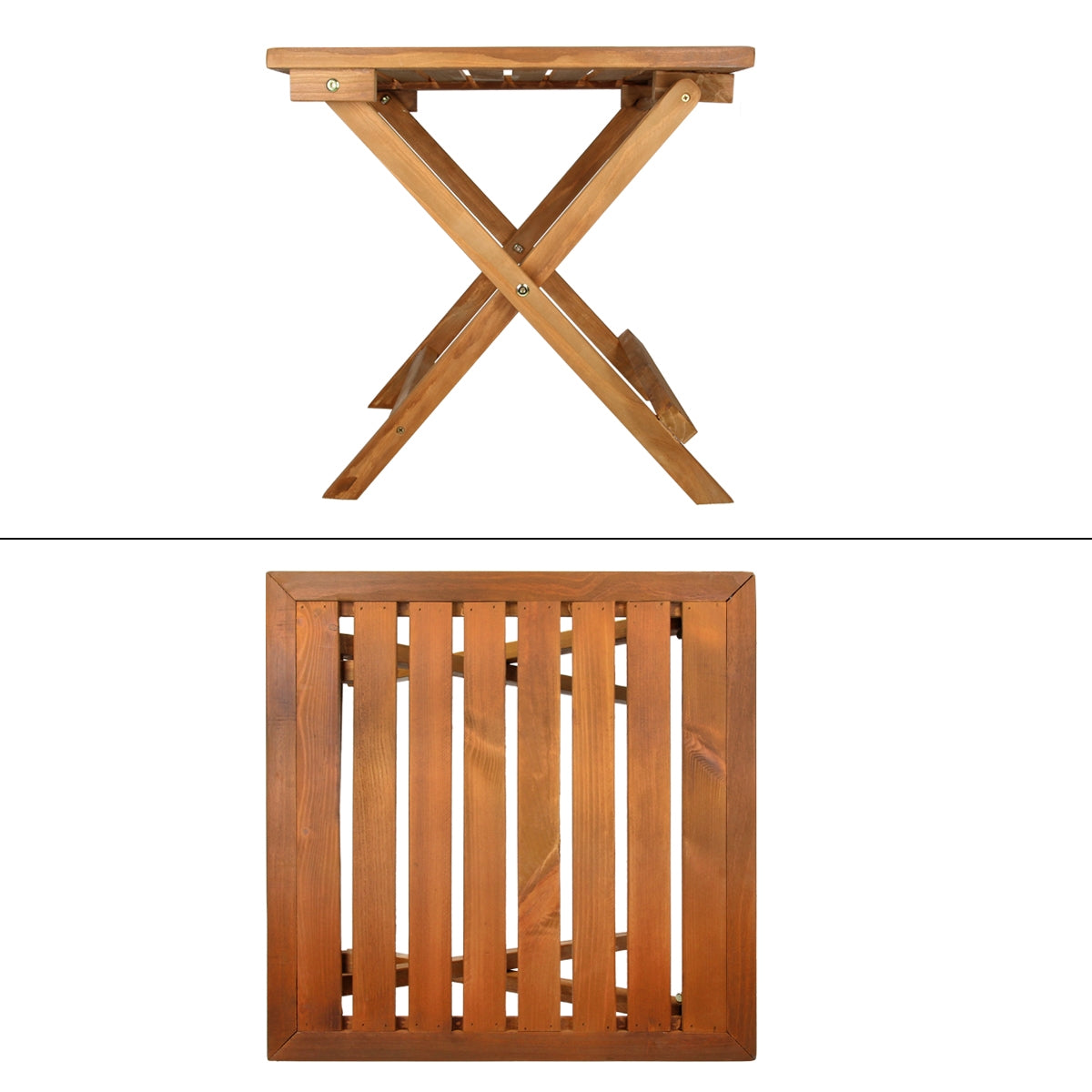 Table en bois pliable vue de haut et de bas.