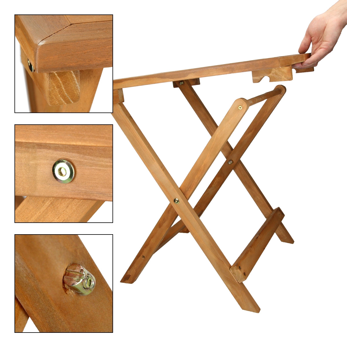 Gros plan d'une table en bois pliable avec des vis.