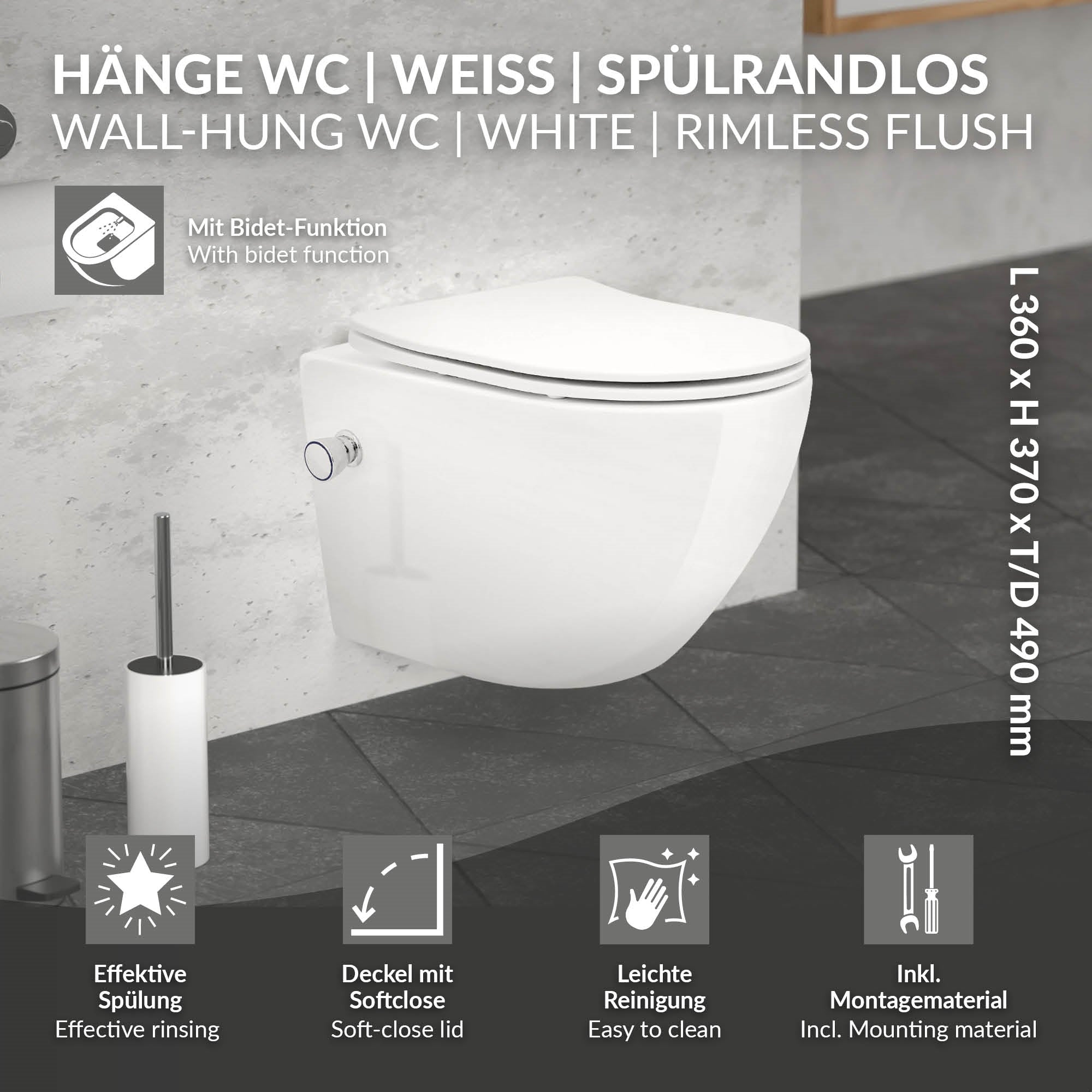 Hänge-WC in Weiß mit Bidet-Funktion und technischen Details.
