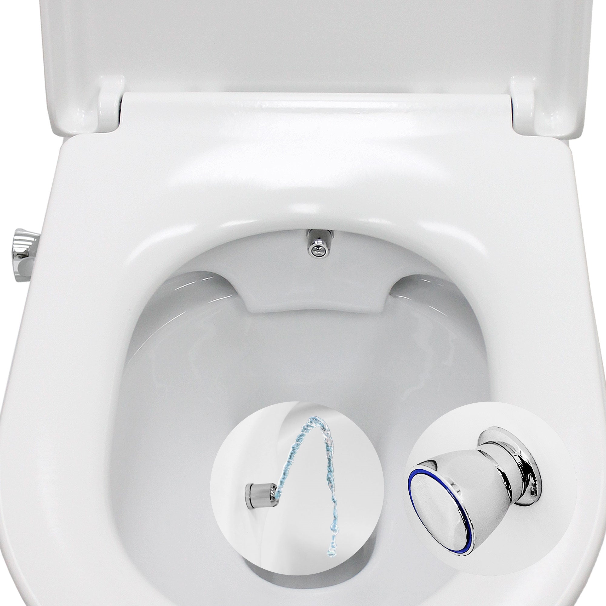 Vista de una taza de inodoro con un chorro de agua y un botón de control.