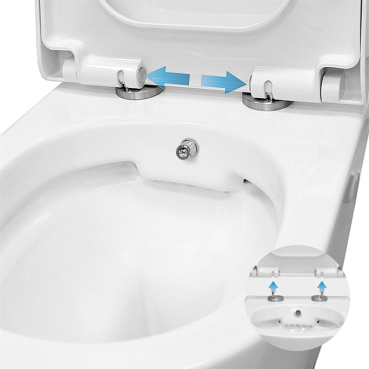Közeli felvétel egy WC-fedélről, zsanérokkal és emelőmechanizmussal.