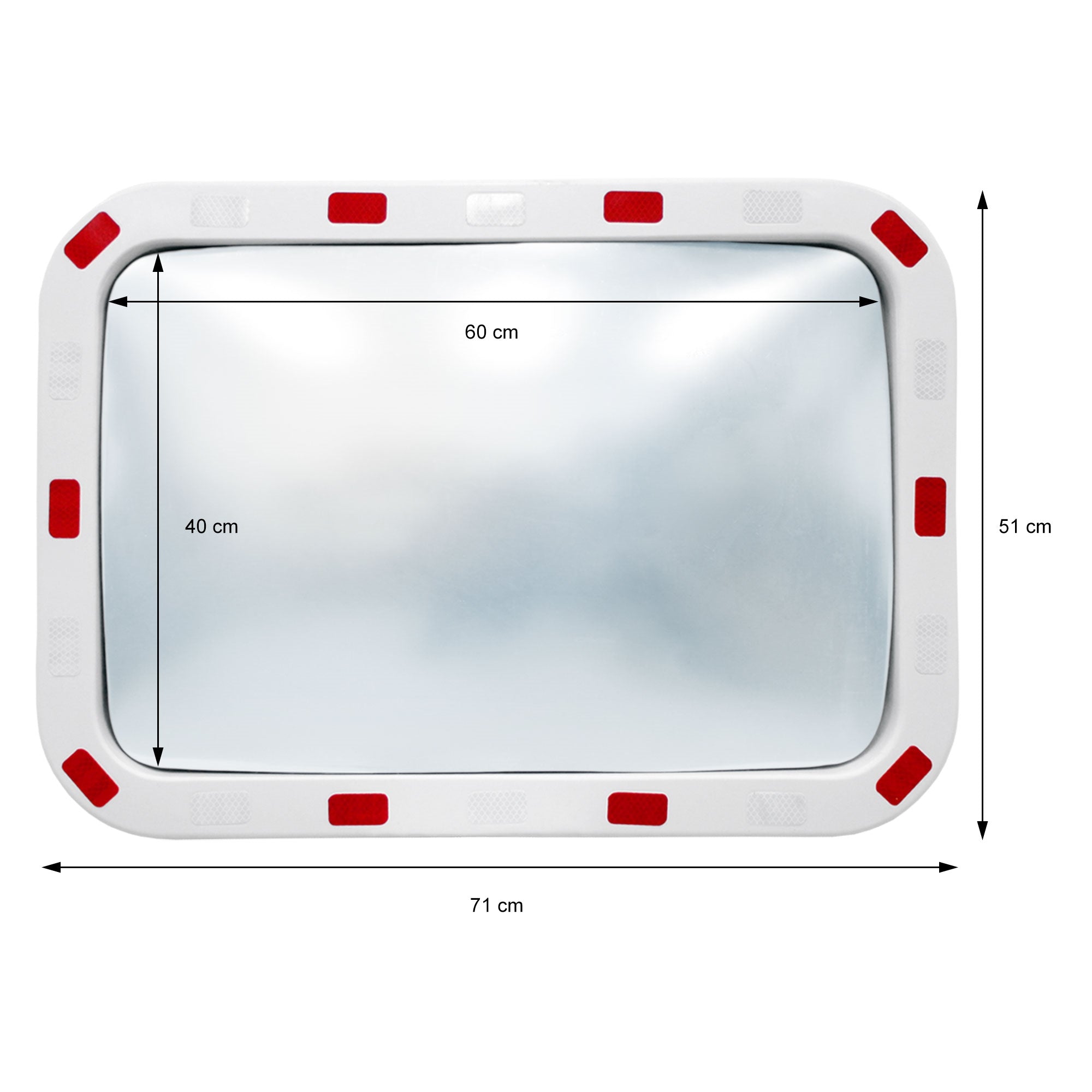 Rechteckiger Spiegel mit Maßen: 71 cm x 51 cm, reflektierende Fläche 60 cm x 40 cm.