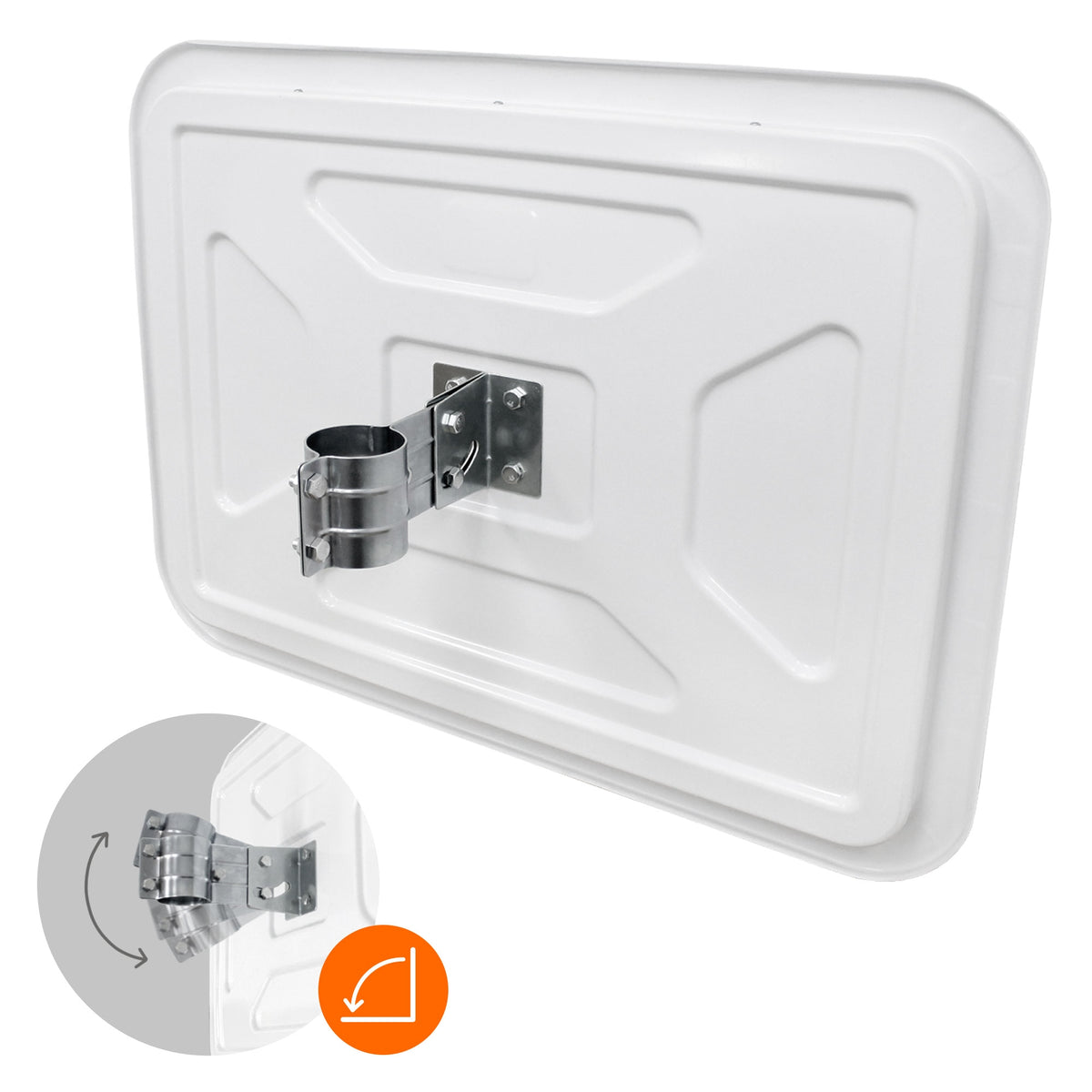 Rear view of a white plate with a bracket and a swivel joint.