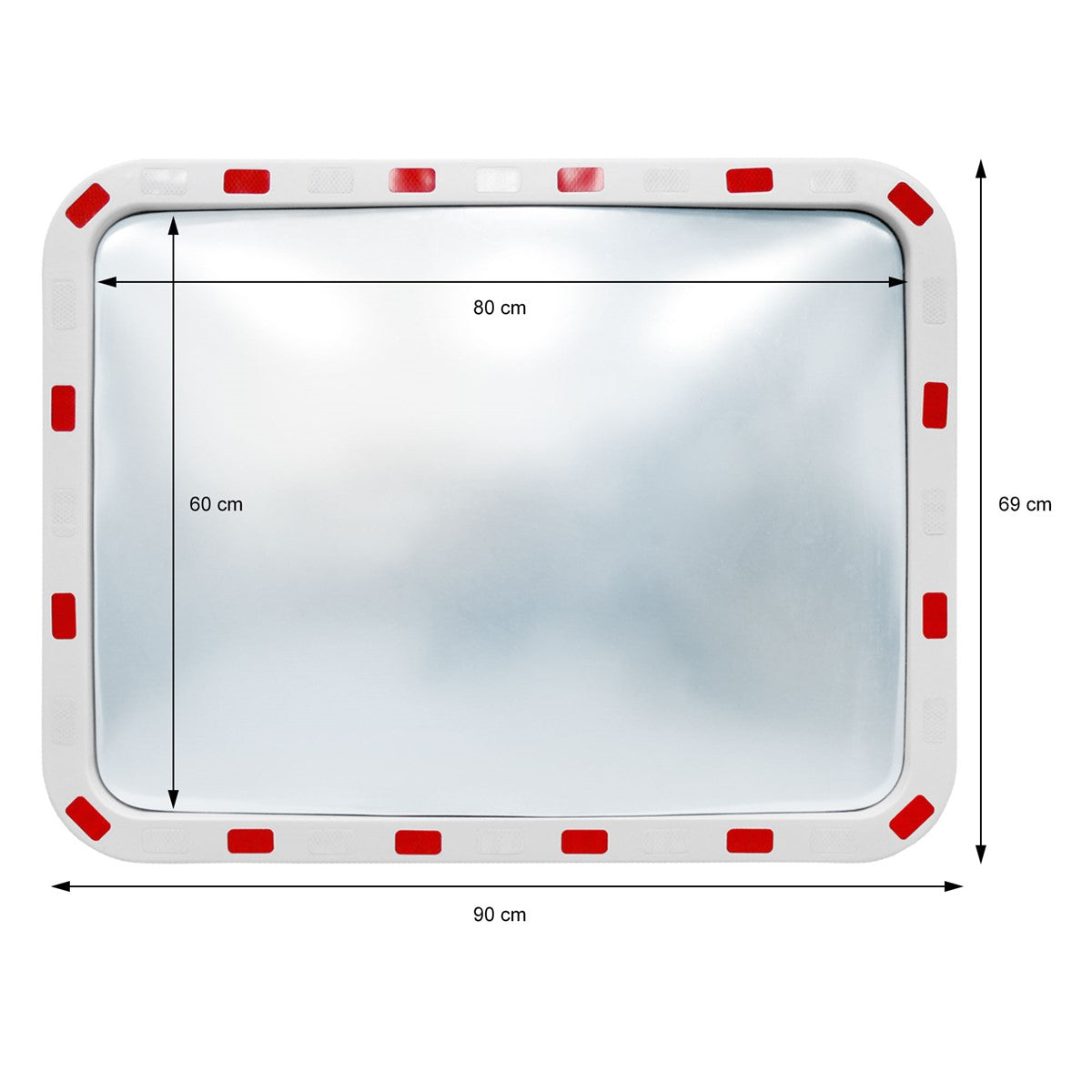 Specchio rettangolare con bordi rossi, dimensioni 90 cm x 69 cm.