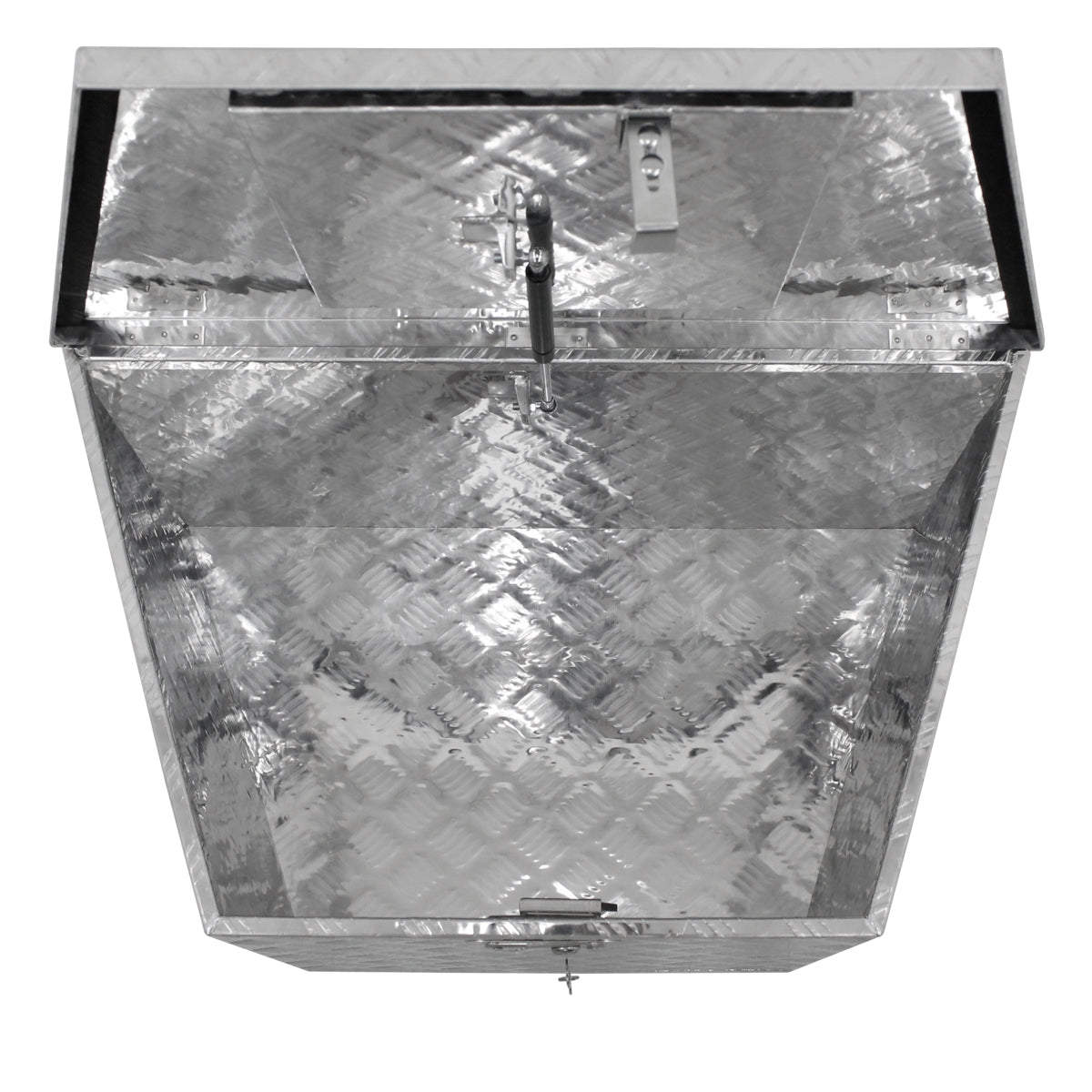 Caja de almacenamiento plateada de aluminio con cerradura.