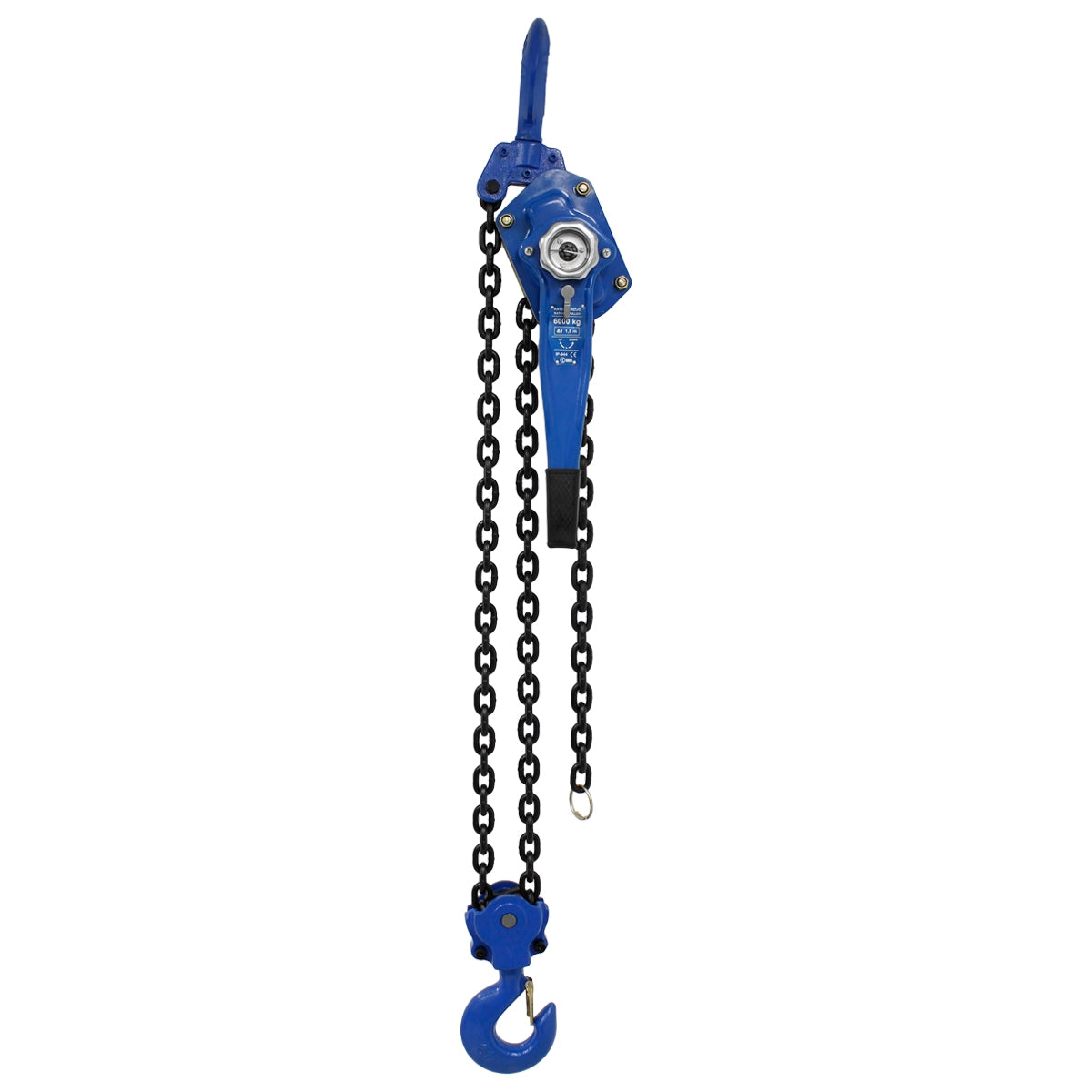 Blauwe kettingtakel met haak en ketting.