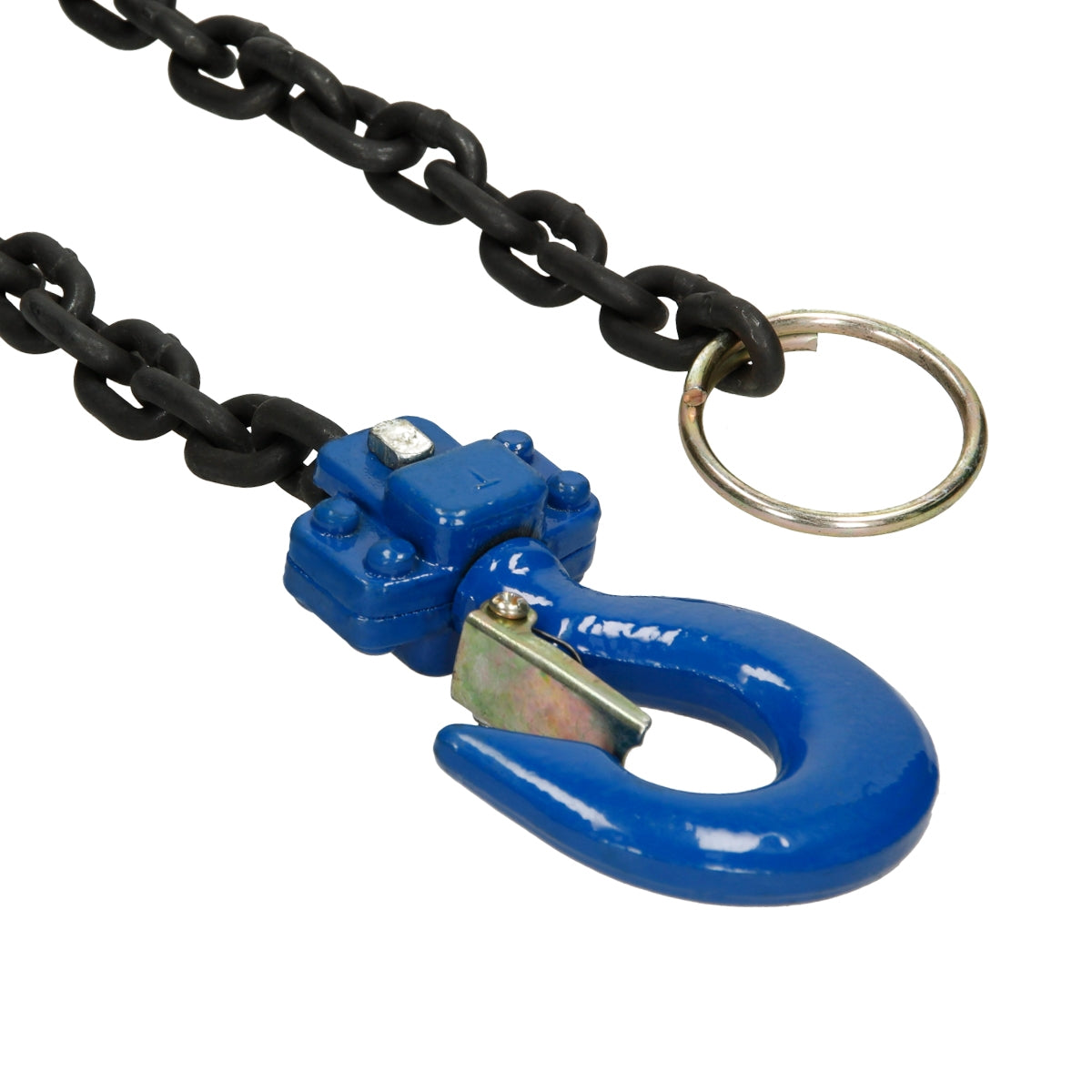Blauwe haak aan een zwarte ketting met een sleutelhanger.