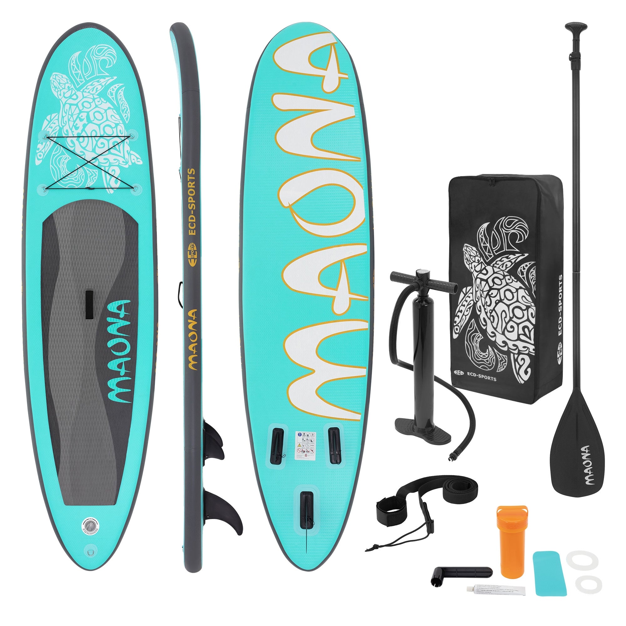 Stand-Up-Paddle-Board in türkis mit Zubehör wie Pumpe und Trinkbehälter.