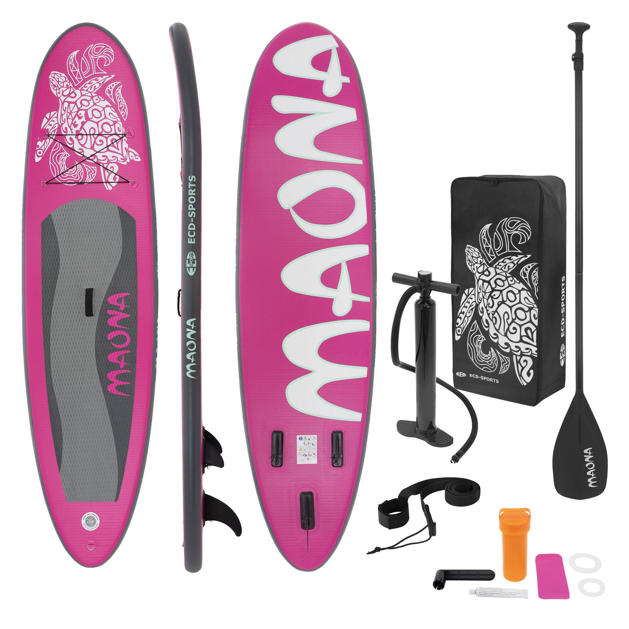 Stand Up Paddle Board in Pink mit Zubehör und Pumpe.