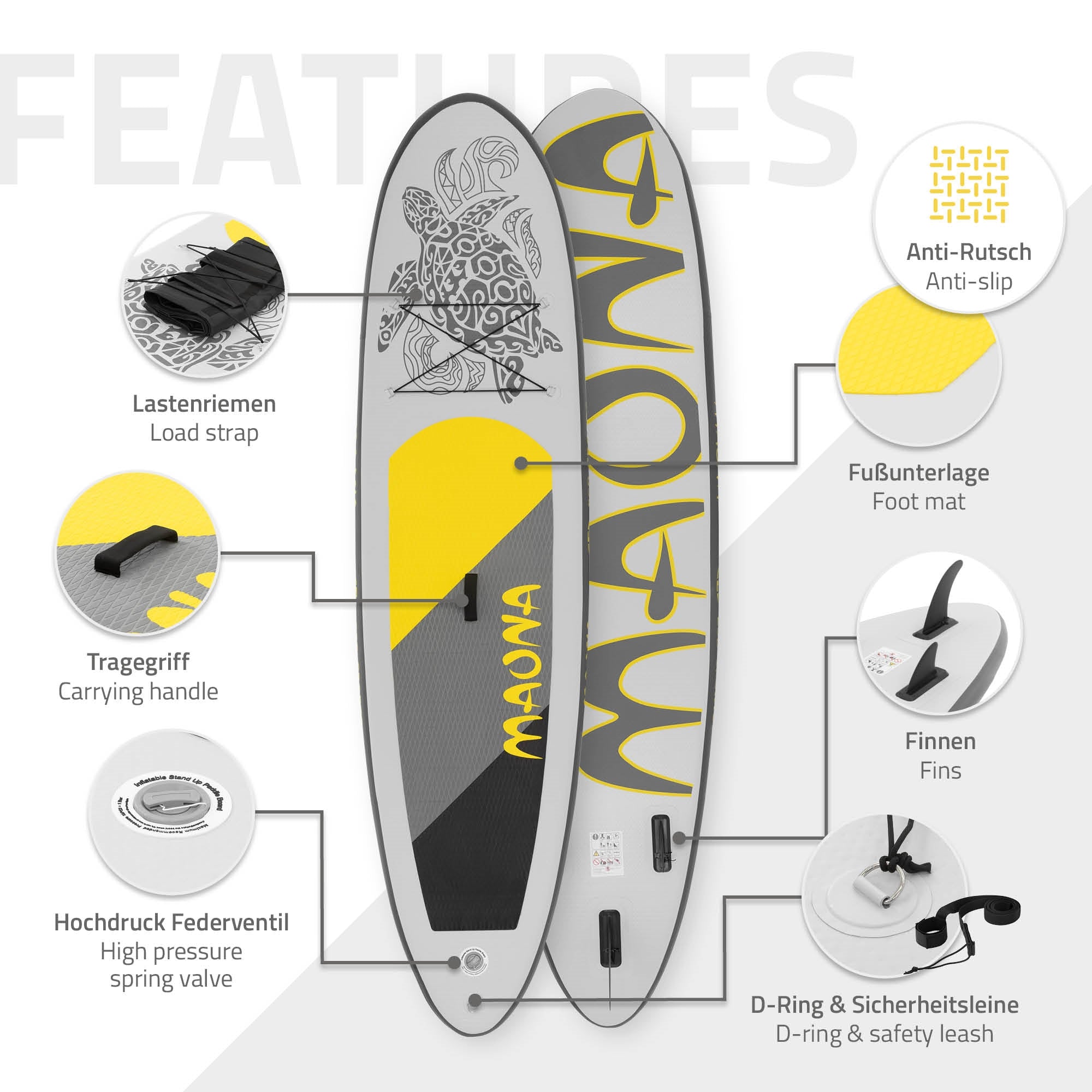 Detaljevisning af Maona Paddle Board med skridsikker overflade og bærehåndtag.