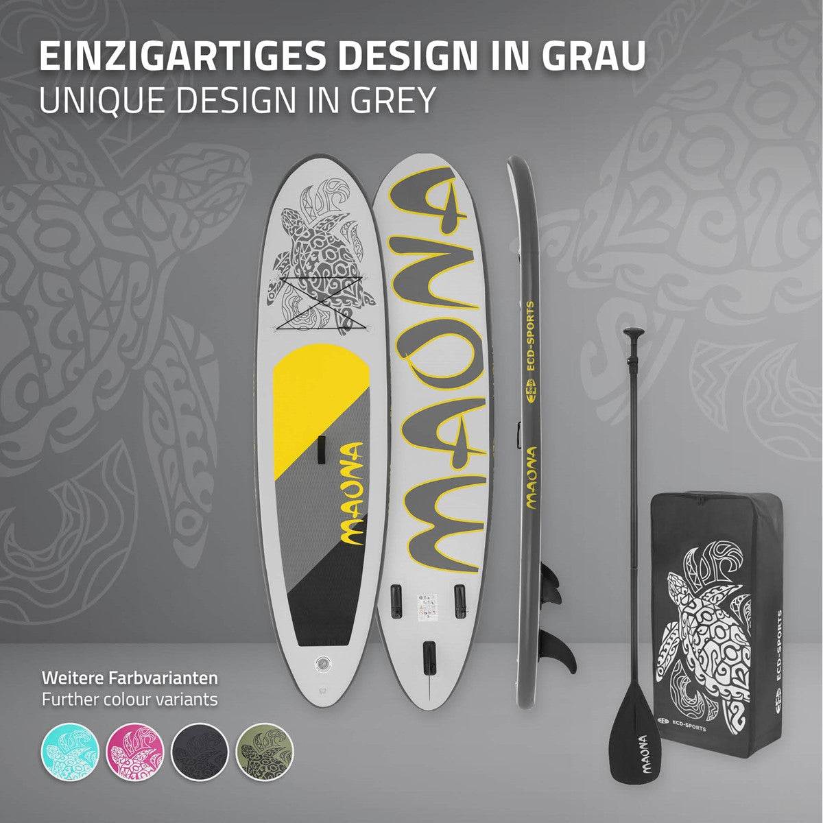Tre stand-up-paddleboards i grå med gule og sorte design.
