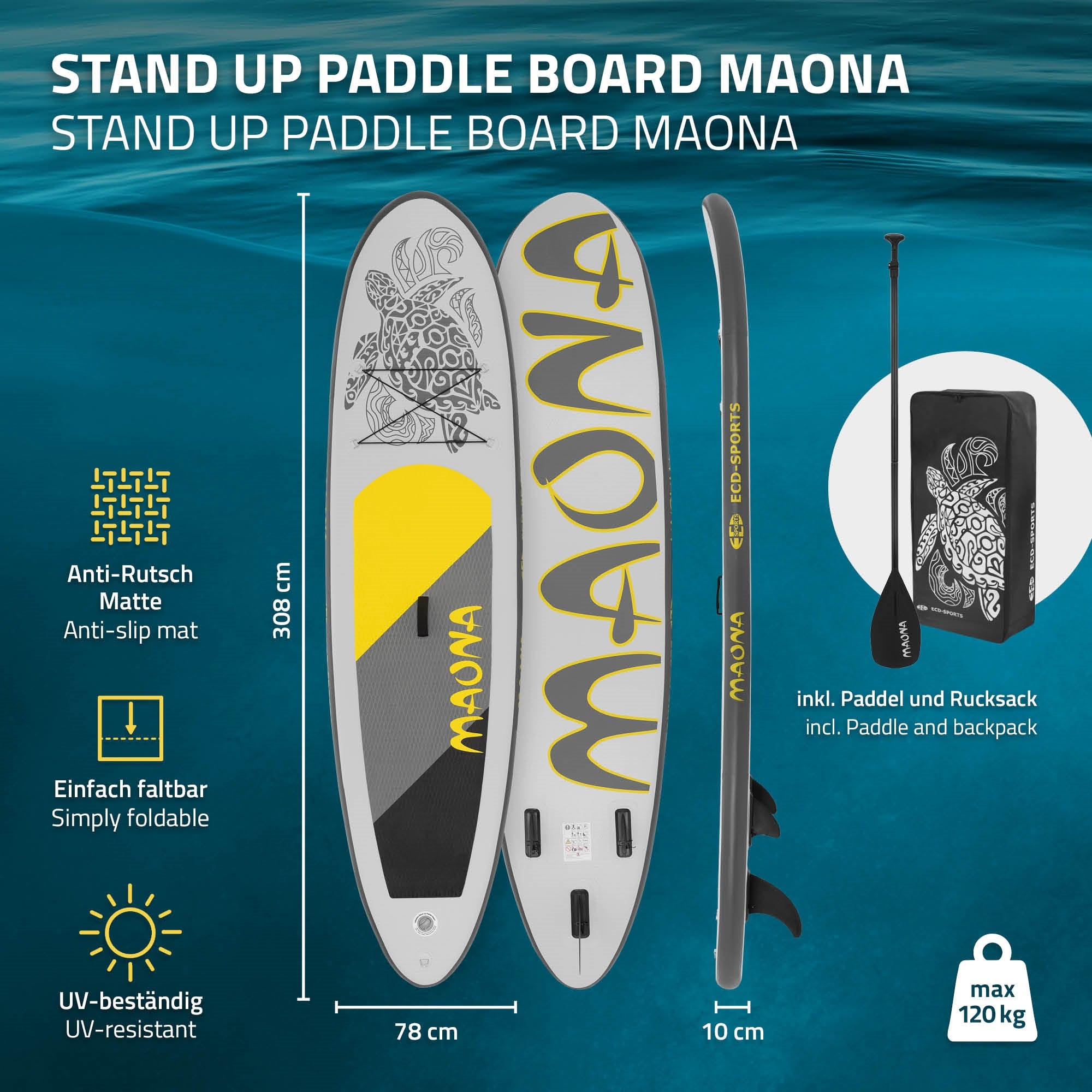 Stand Up Paddle Board Maona i grå med mål og egenskaber.