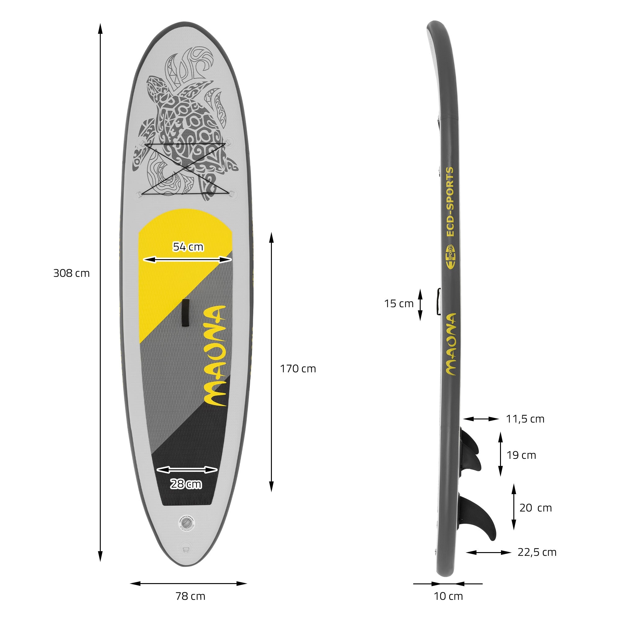 Stand Up Paddle Board Maona i grå med dimensioner og design.