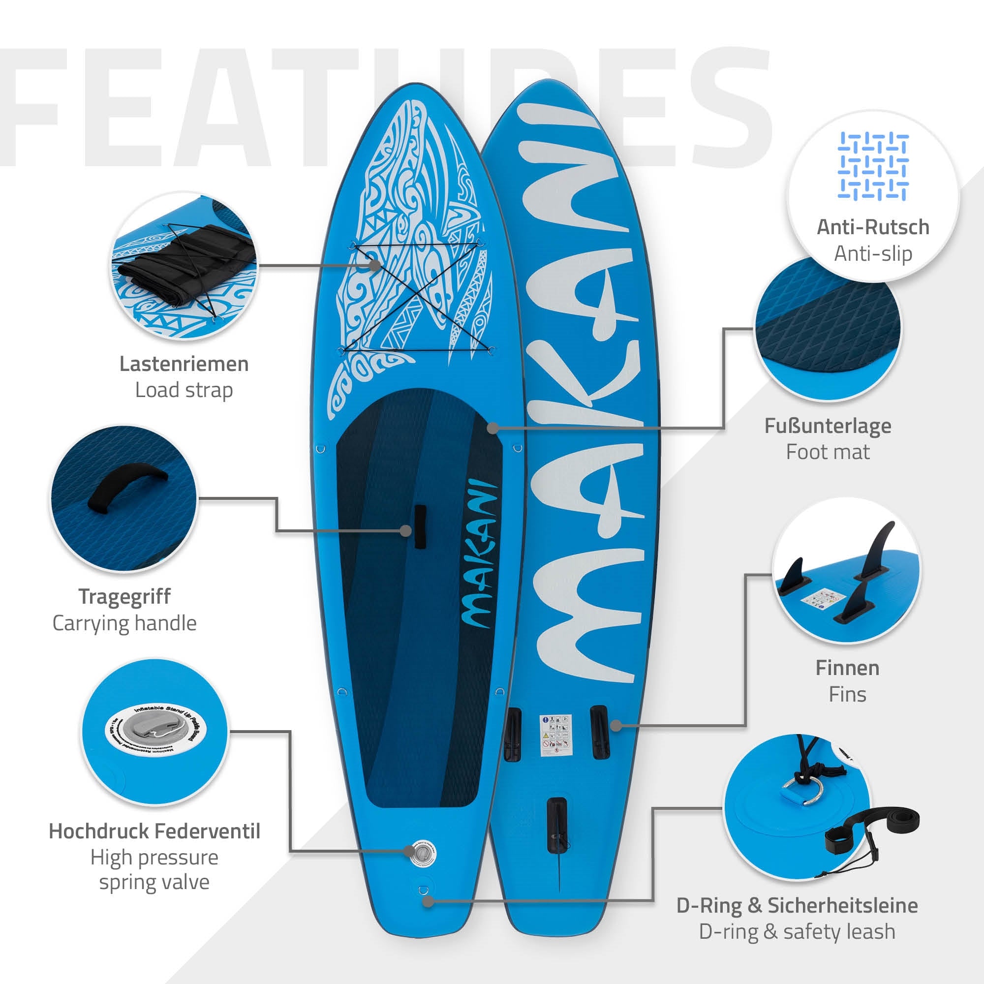 Detailní pohled na paddleboard Makani s protiskluzovým povrchem a rukojetí.