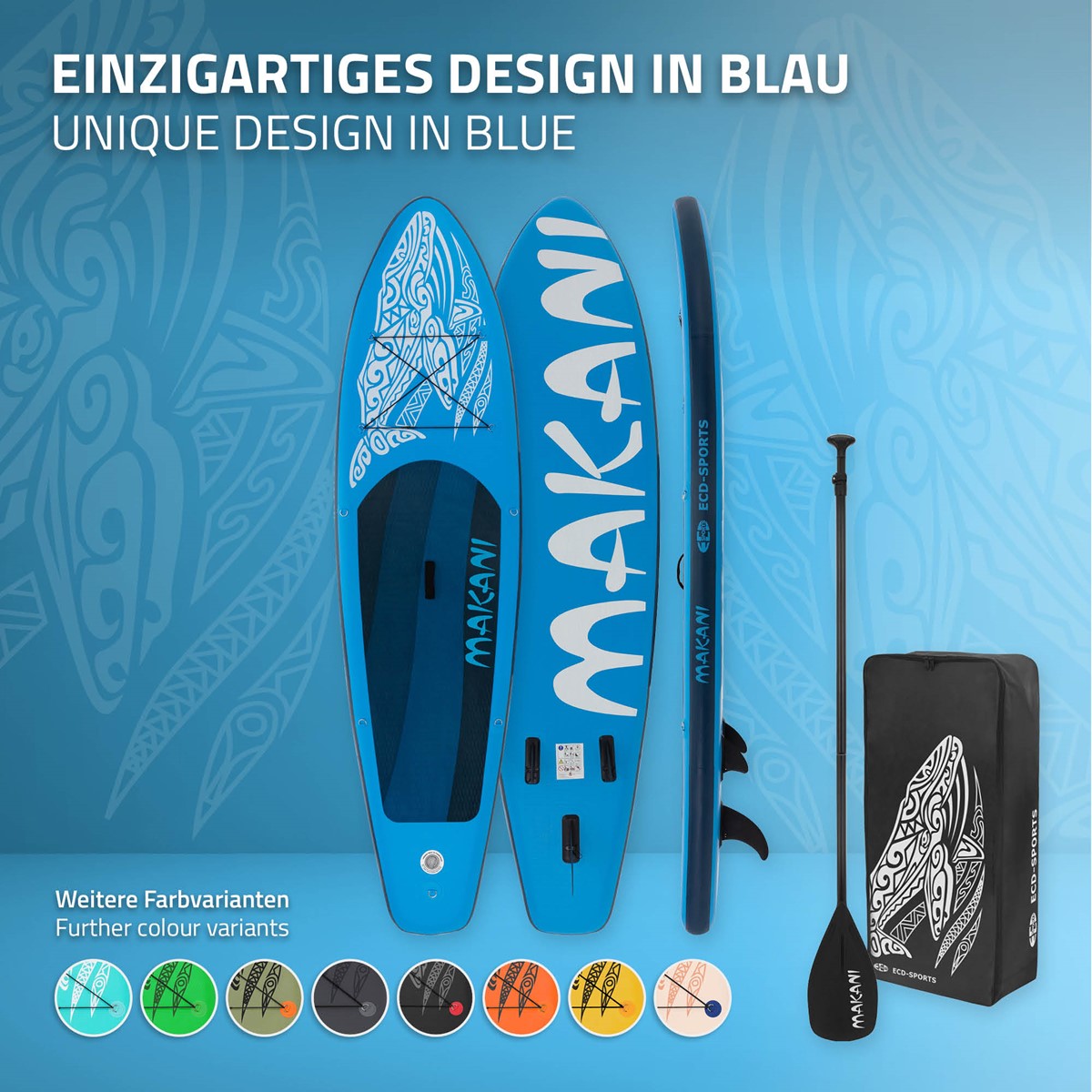 Kék Stand Up Paddle Board felirattal és tartozékokkal, fehér háttér előtt.