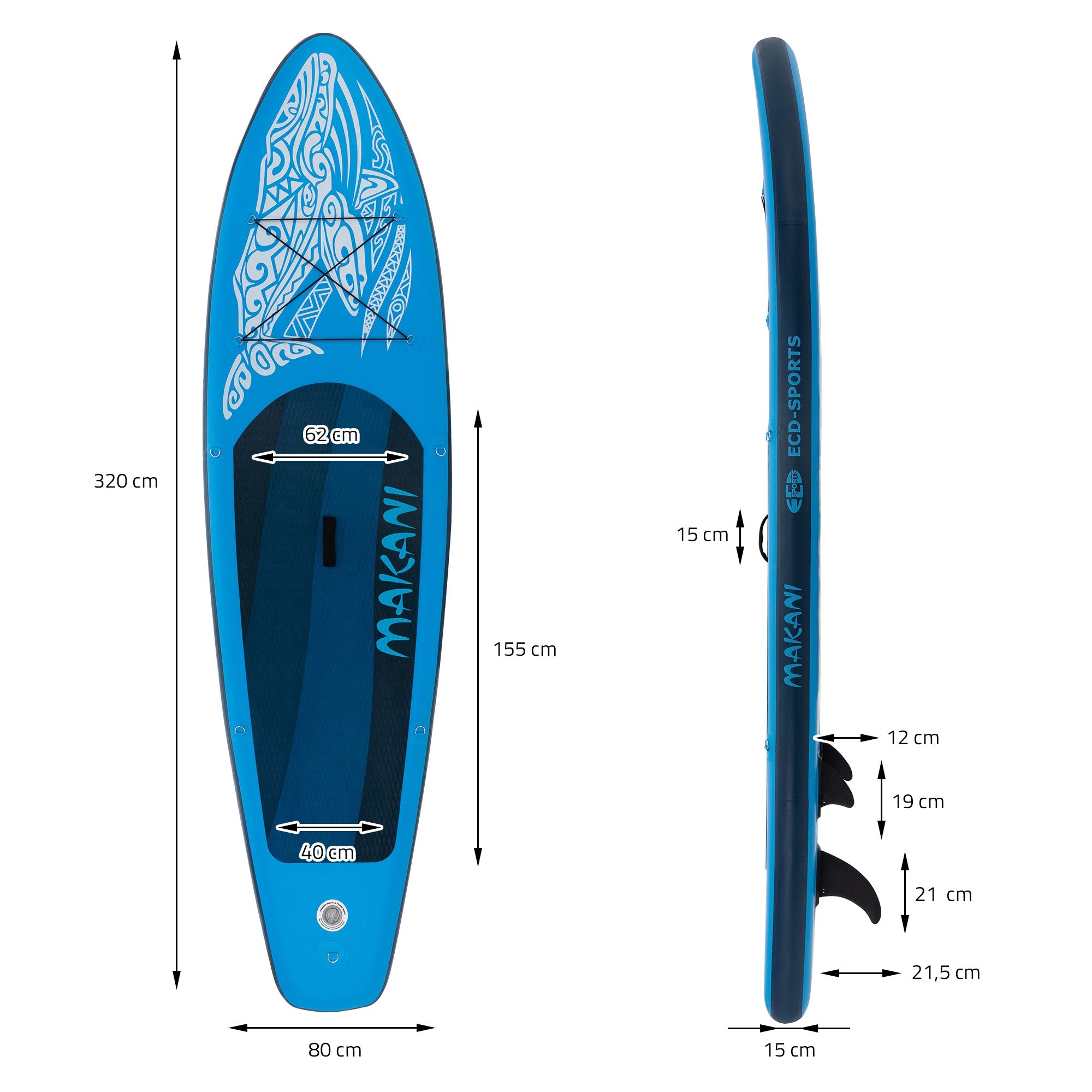 Boční pohled na modrý paddleboard s rozměry a designem.