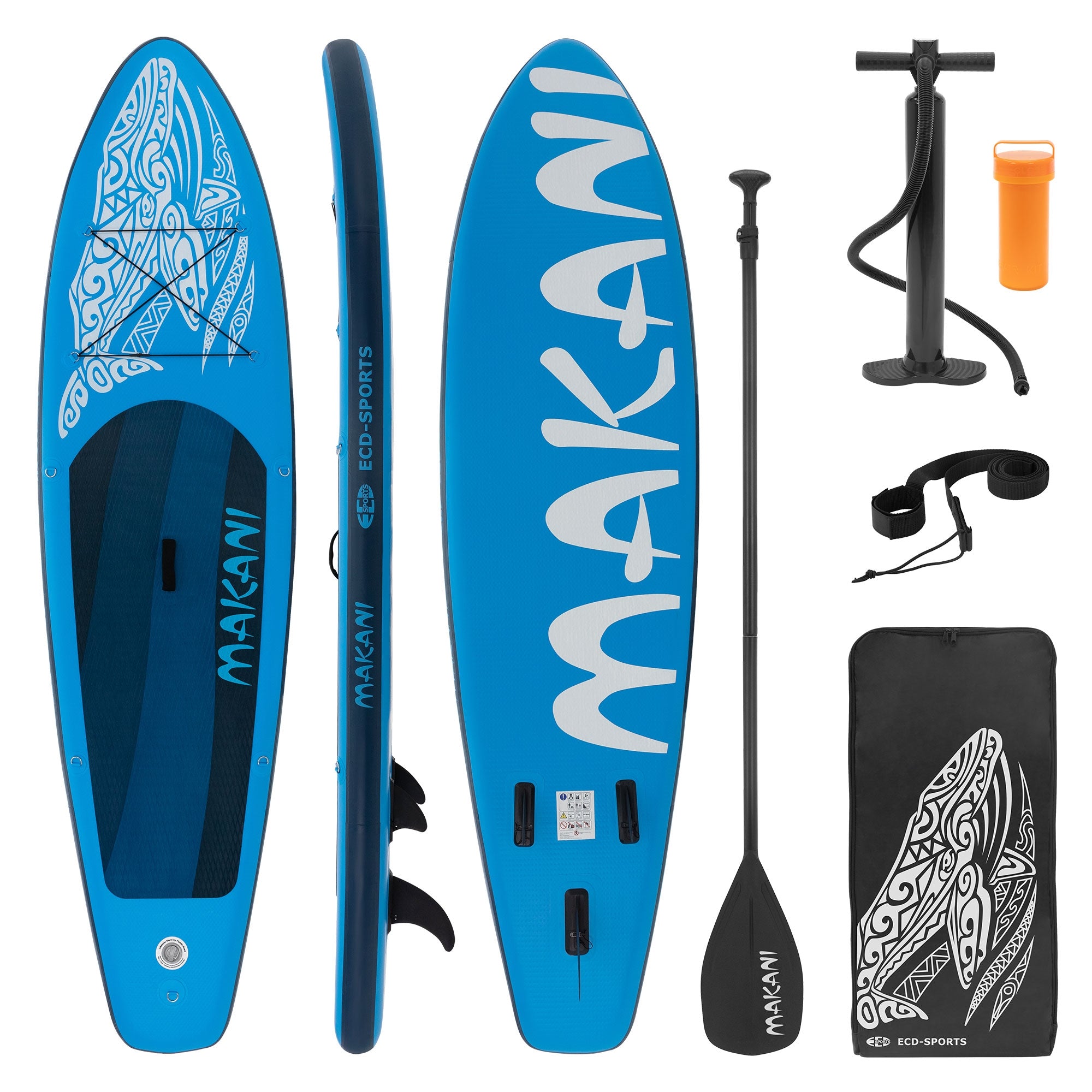 Blaues Stand-Up-Paddle-Board mit Zubehör: Pumpe, Paddel und Tragetasche.