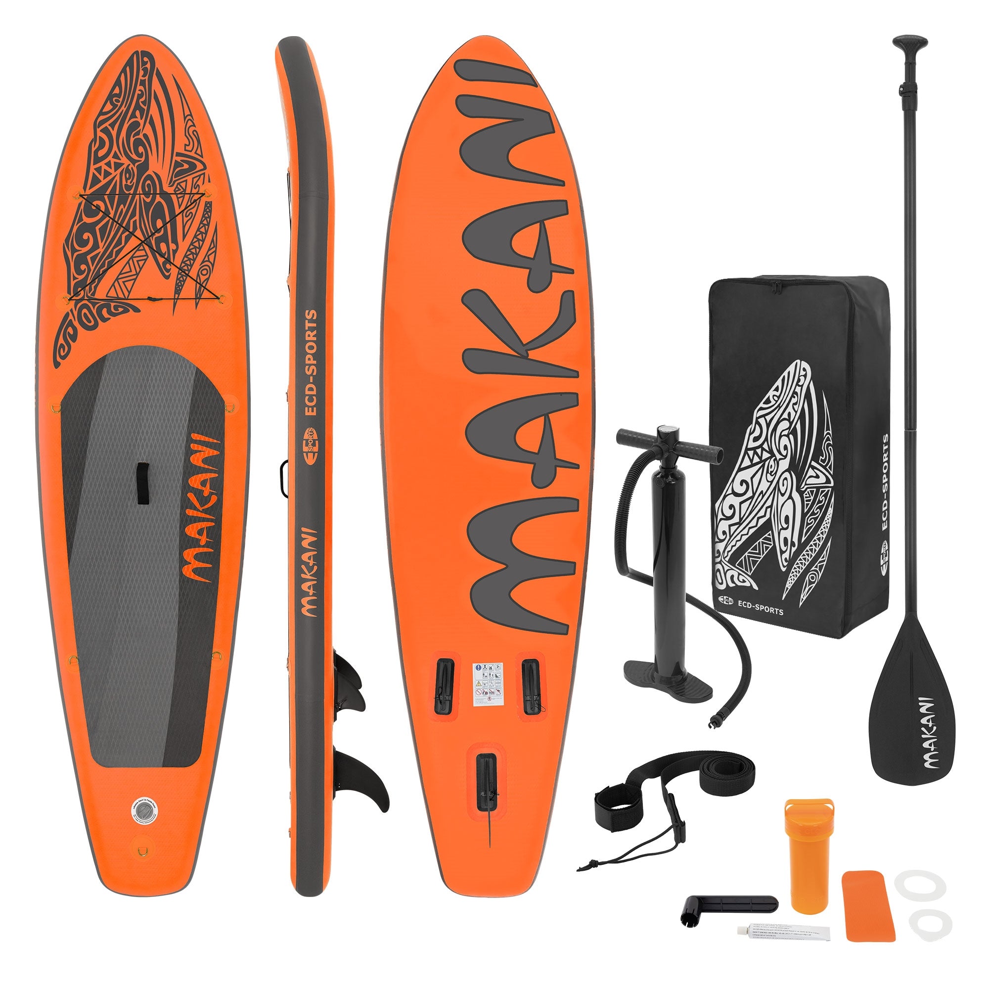 Oranžová paddleboard s příslušenstvím na bílém pozadí.