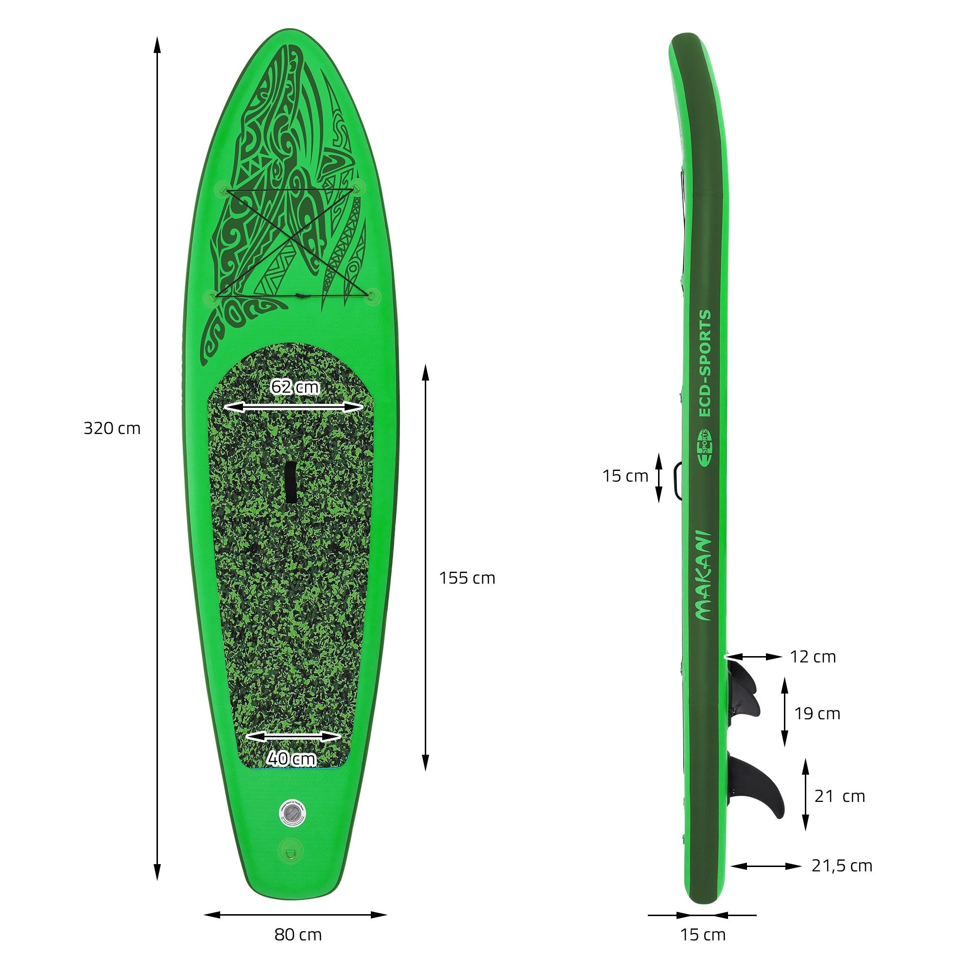 Zelený paddleboard s rozměry a ploutvemi, boční pohled.