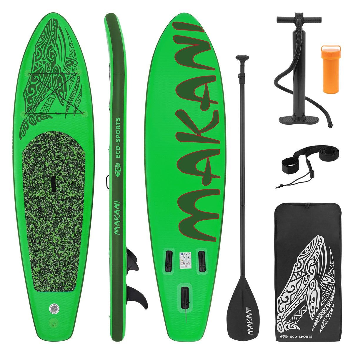 Zelený paddleboard s pumpou, pádlom a prepravnou taškou.