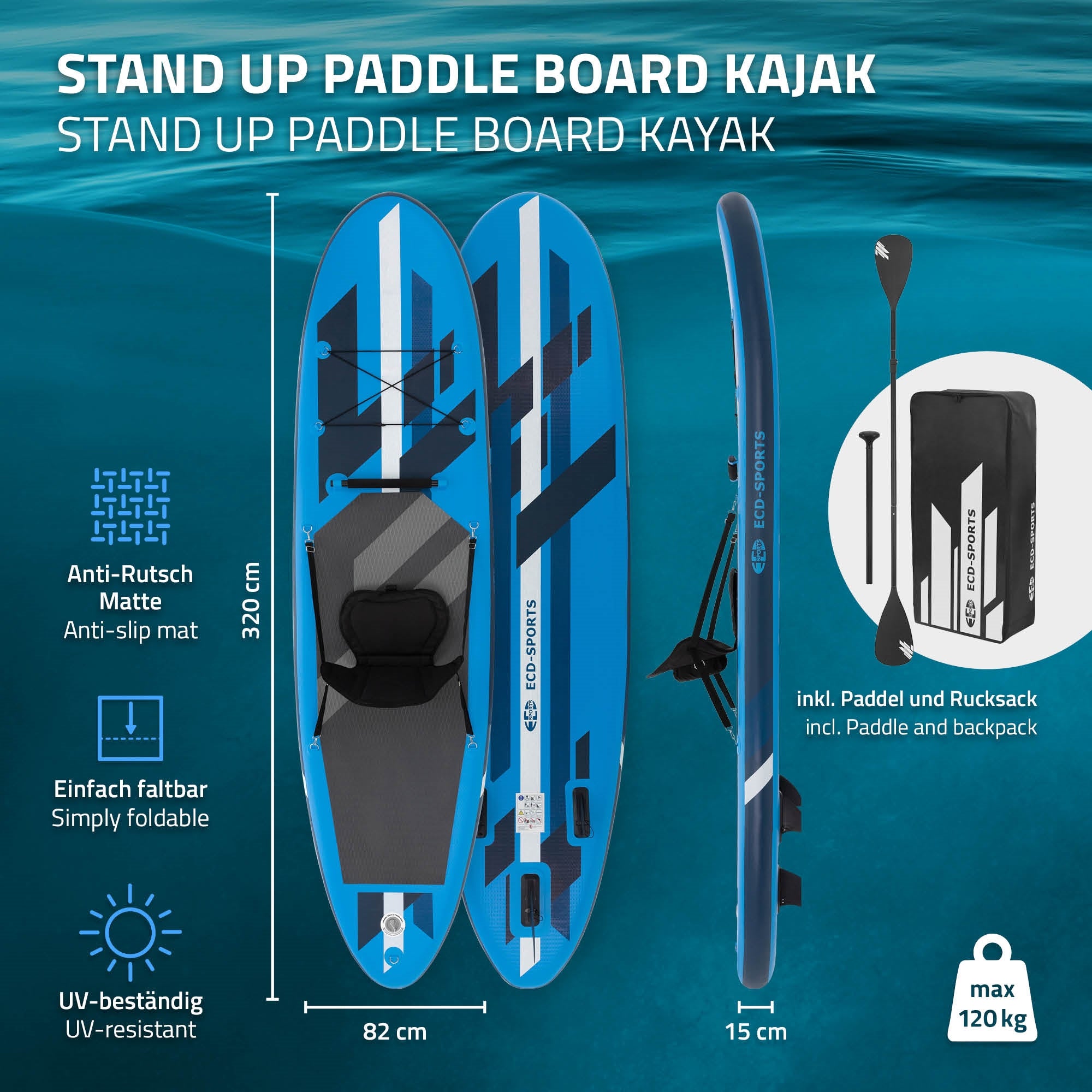 Stand-Up-Paddle-Board mit Rucksack und Paddel, blau-weiß gestreift.