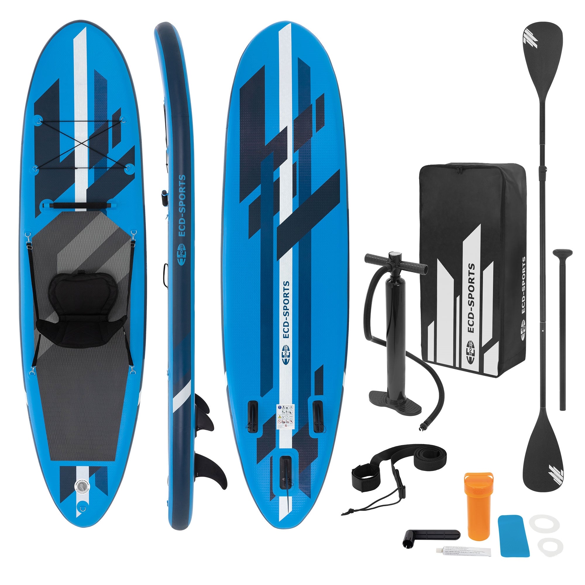Blaues Stand-Up-Paddle-Board mit Zubehör und Pumpe.