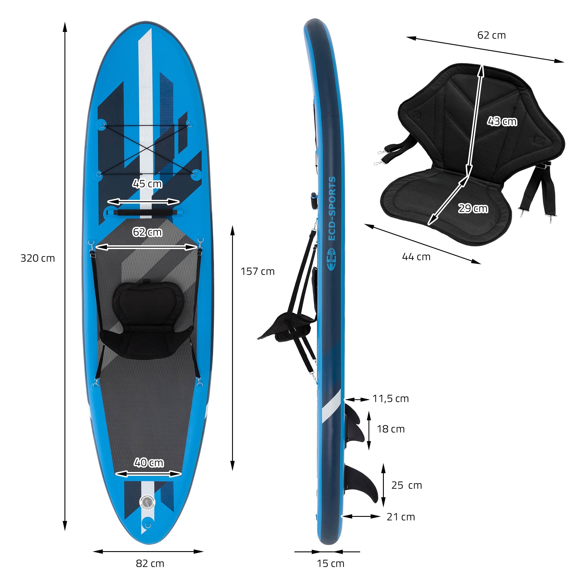 Blaues Stand-Up-Paddle-Board mit Maßen und Sitzplatz, seitliche Ansicht.