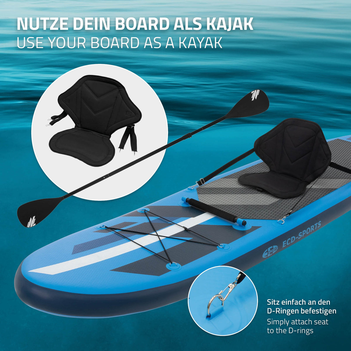 Paddleboard se sedadlem a pádlem, ve vodě.