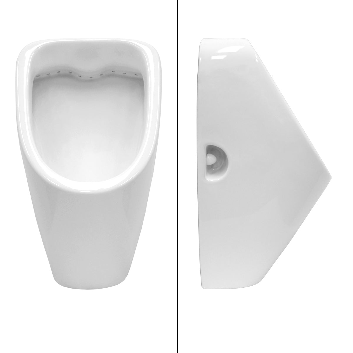 Hvidt urinal, set forfra og fra siden.