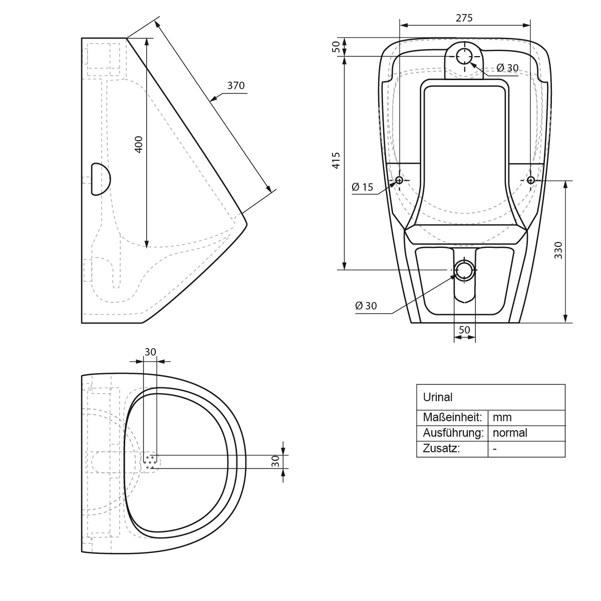 Teknisk tegning af et urinal med dimensioner.