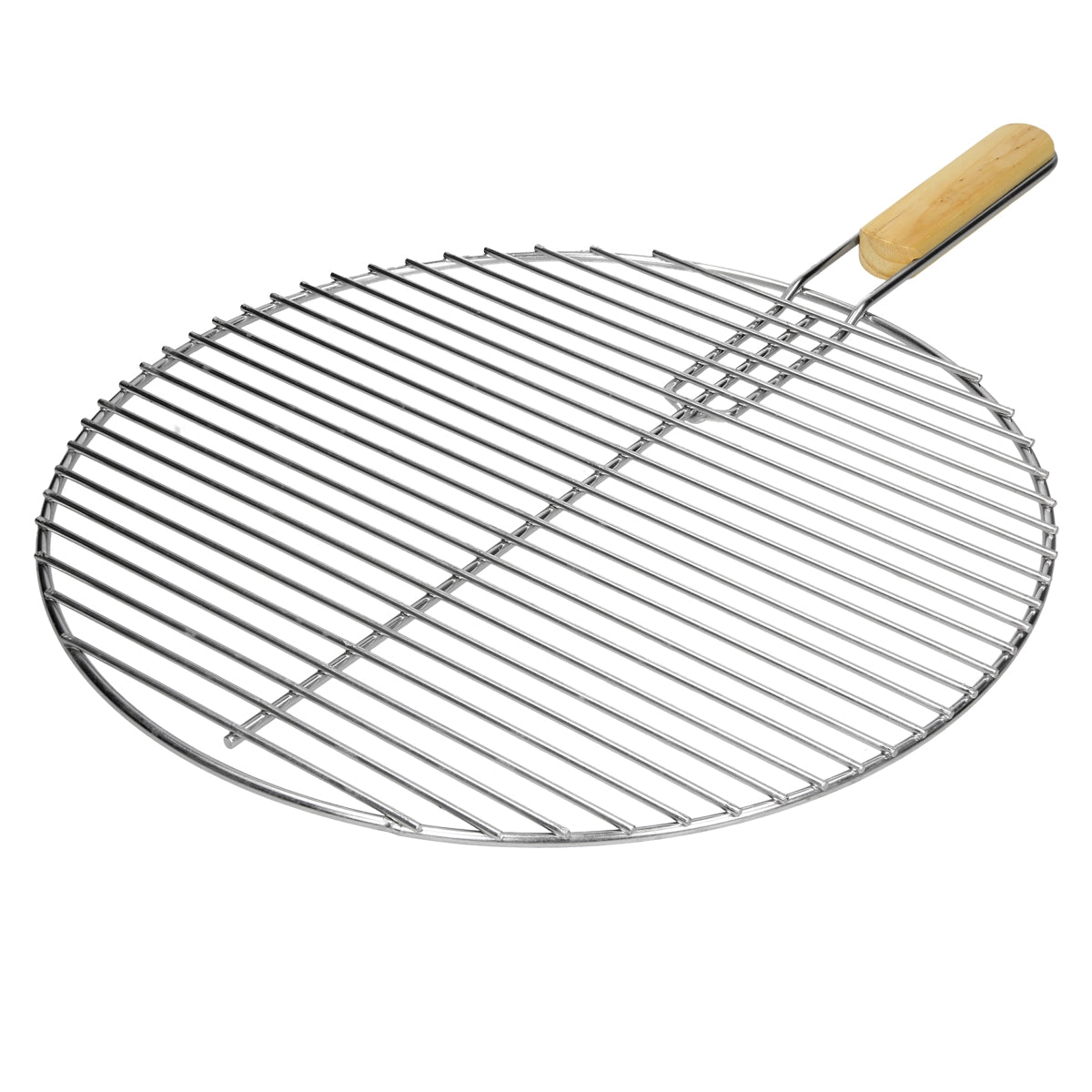 Runde Grillrost aus Edelstahl mit Holzgriff.