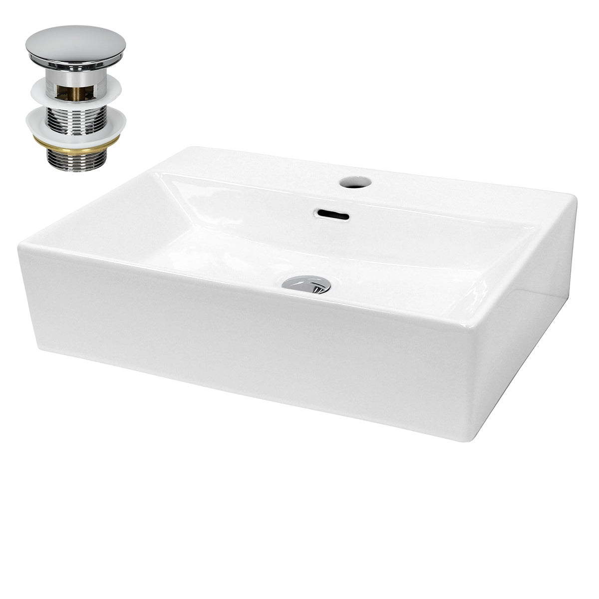 Weißes Waschbecken mit Abfluss und Wasserhahn, rechteckige Form.
