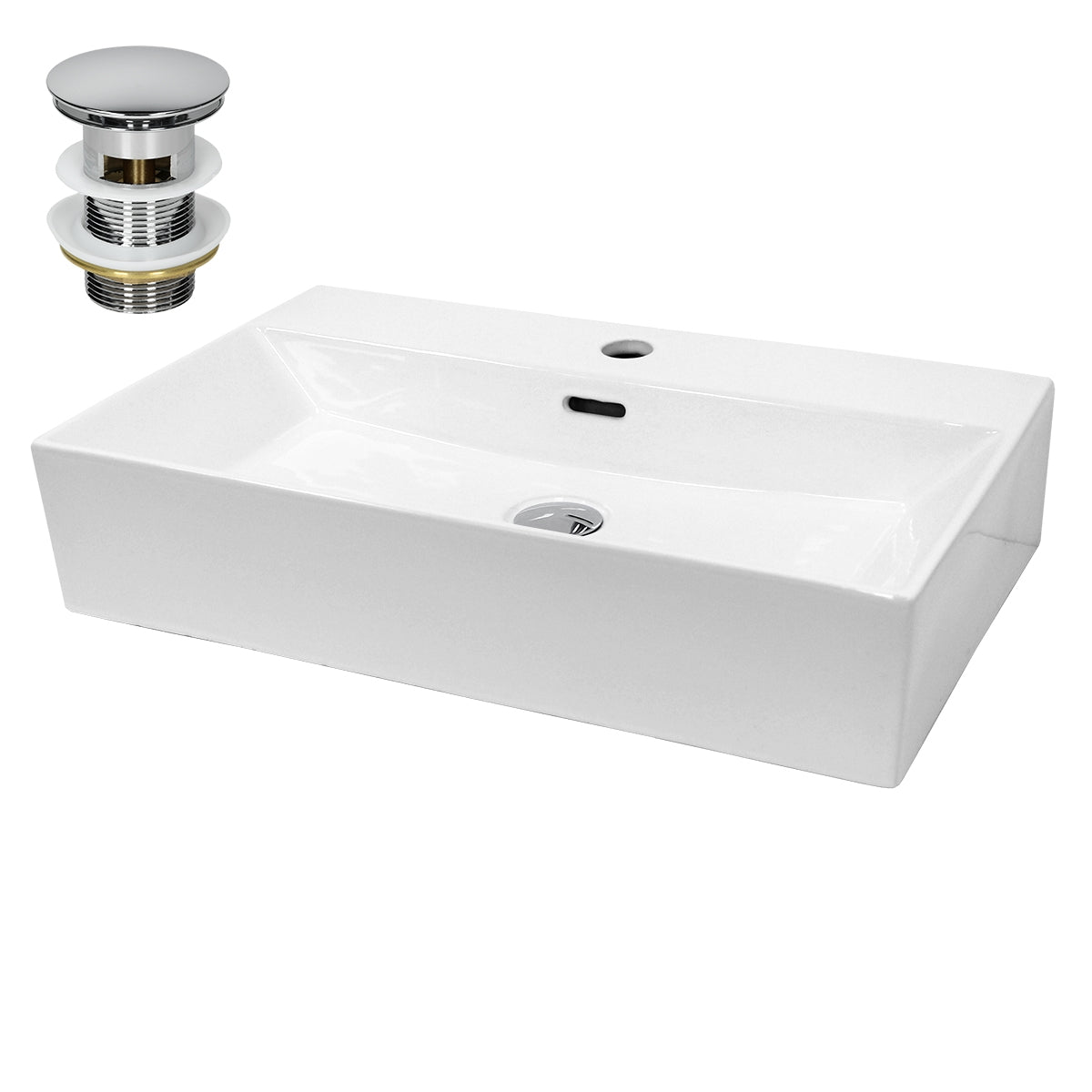 Weißes Waschbecken mit rechteckiger Form und einem Wasserhahnloch.
