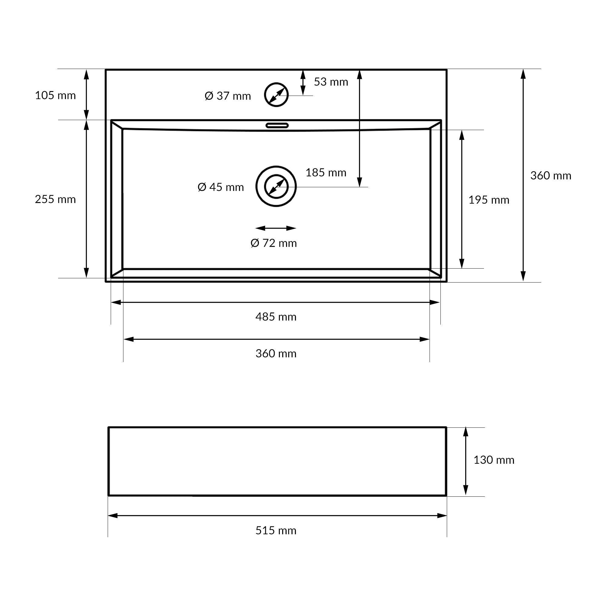 Disegno tecnico di un lavabo rettangolare con dimensioni.