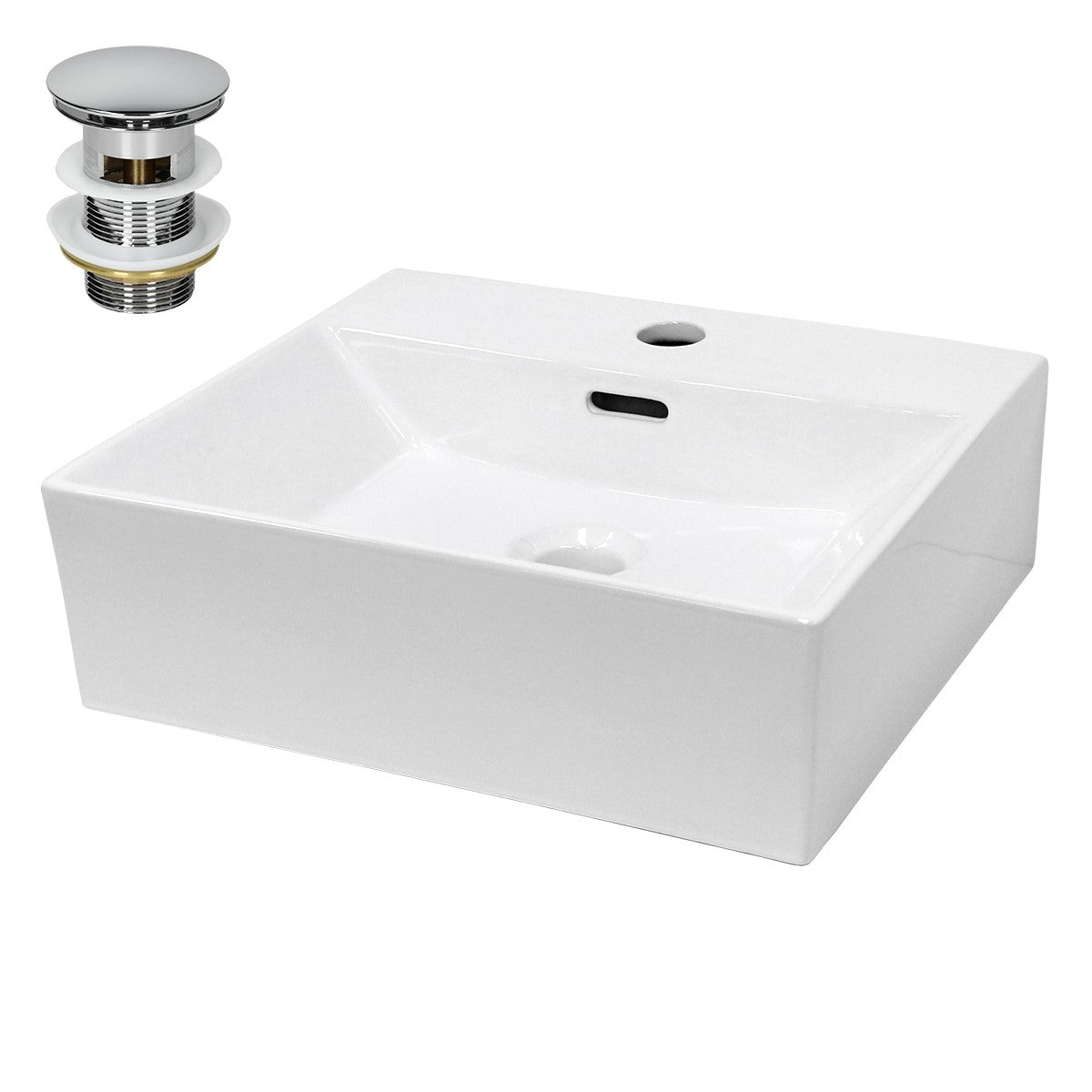 White washbasin with drain valve, rectangular and flat.