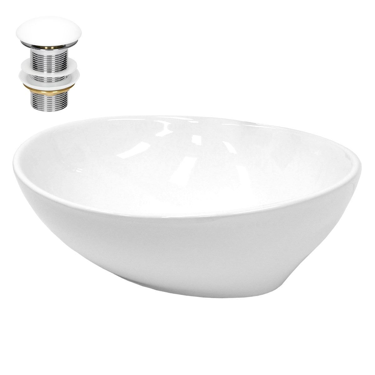 Hvid, oval håndvask med afløb og forkromet prop.