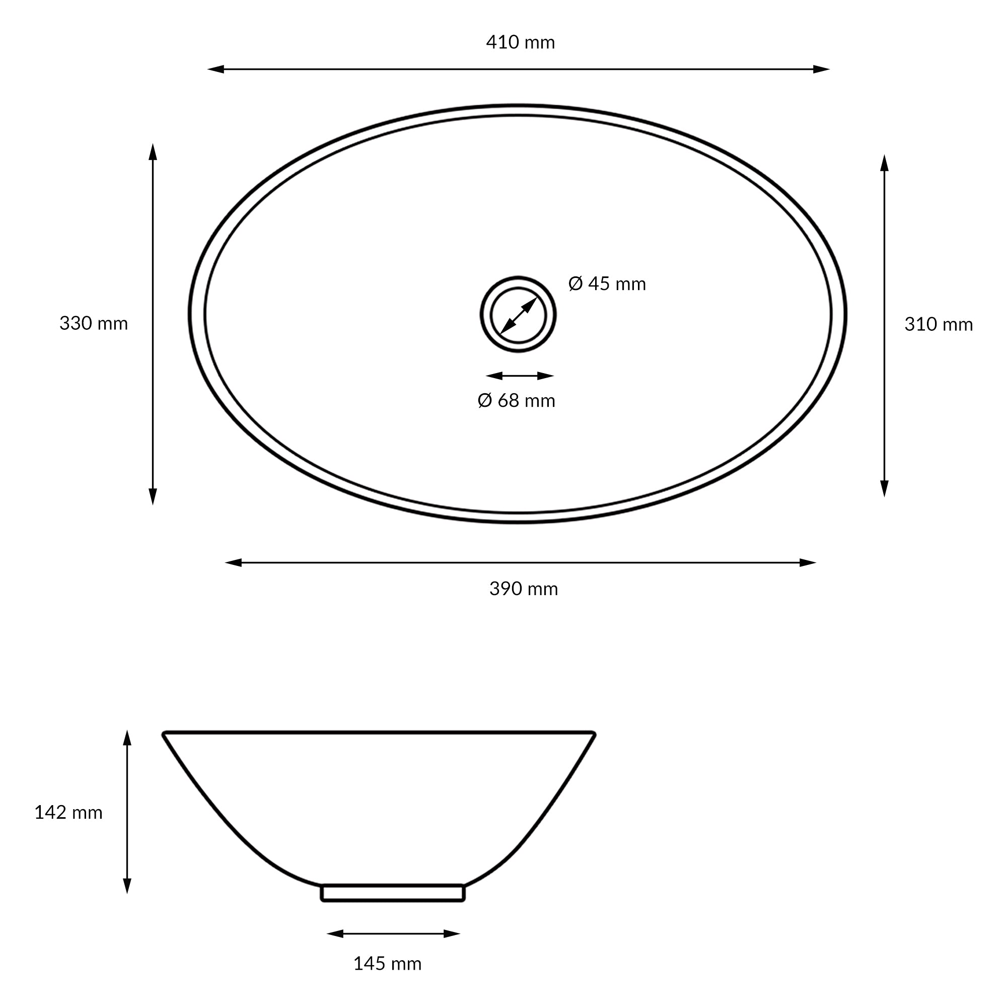 Technical drawing of an oval washbasin with dimensions.