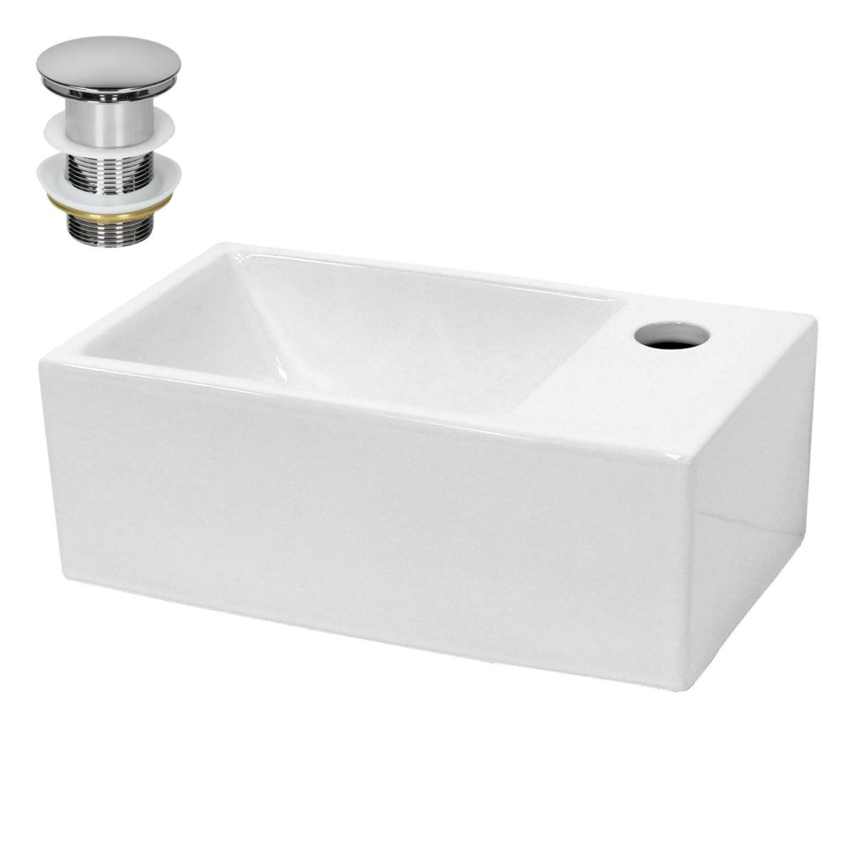 Weißes Waschbecken mit Abfluss und Überlauf.