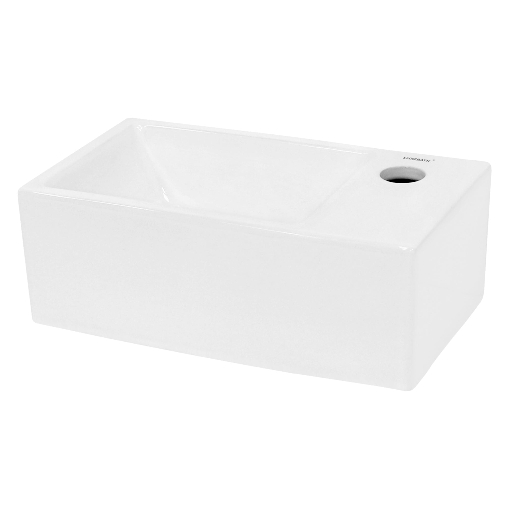 White washbasin with rectangular shape and a hole for the faucet.