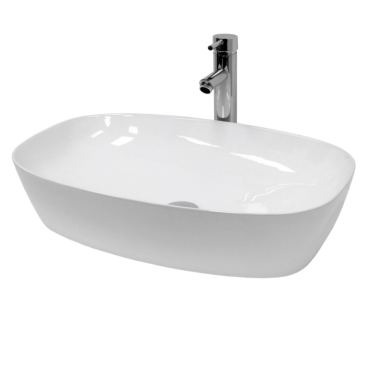 Rechteckiges, weißes Waschbecken mit einem modernen Wasserhahn.