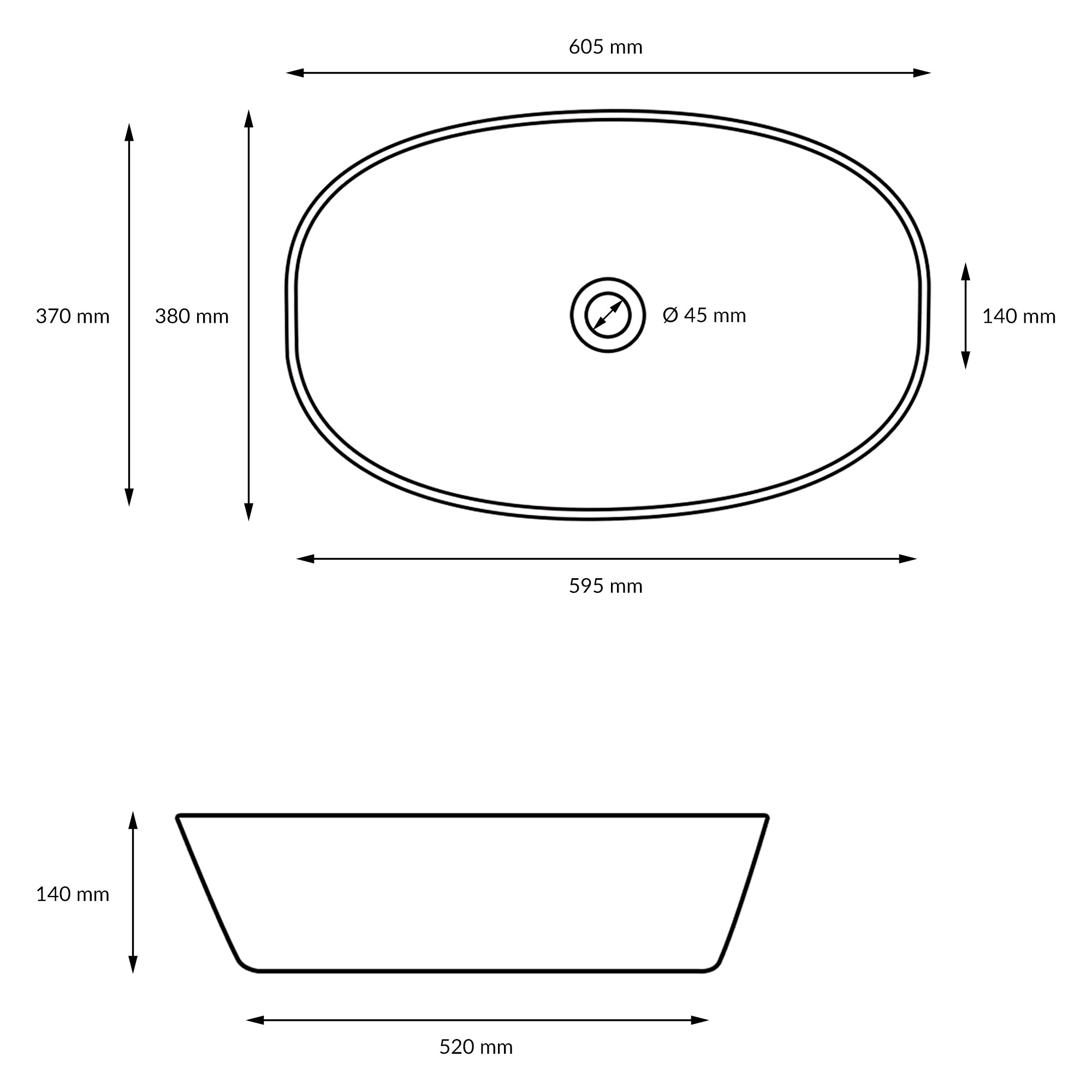 Technical drawing of an oval sink with dimensions.