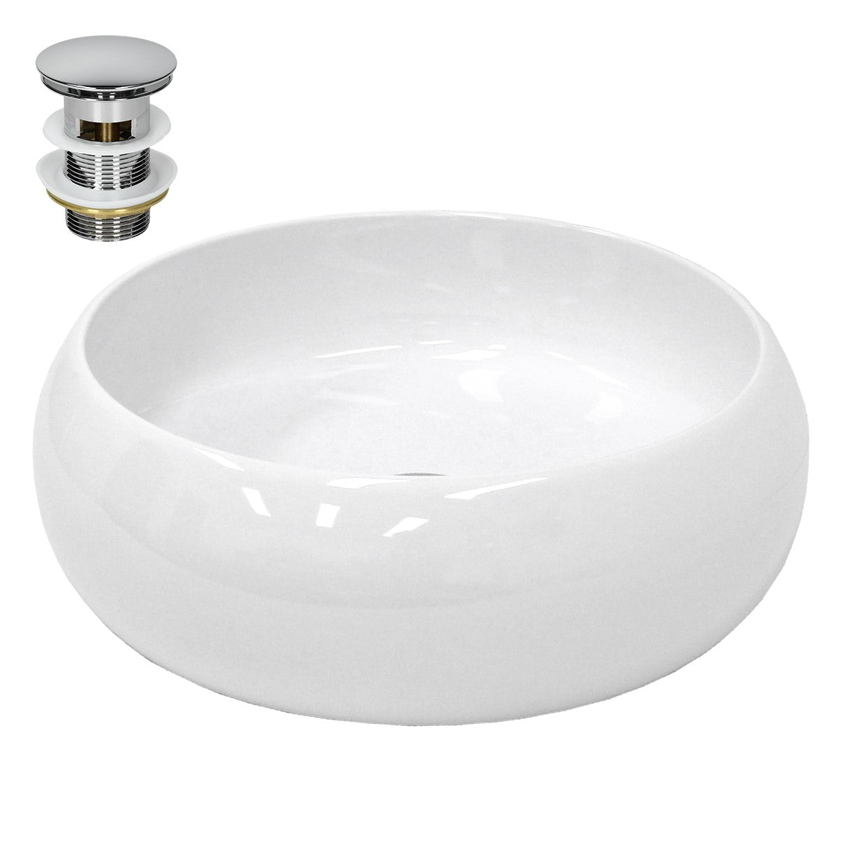 Round white washbasin with drain plug.