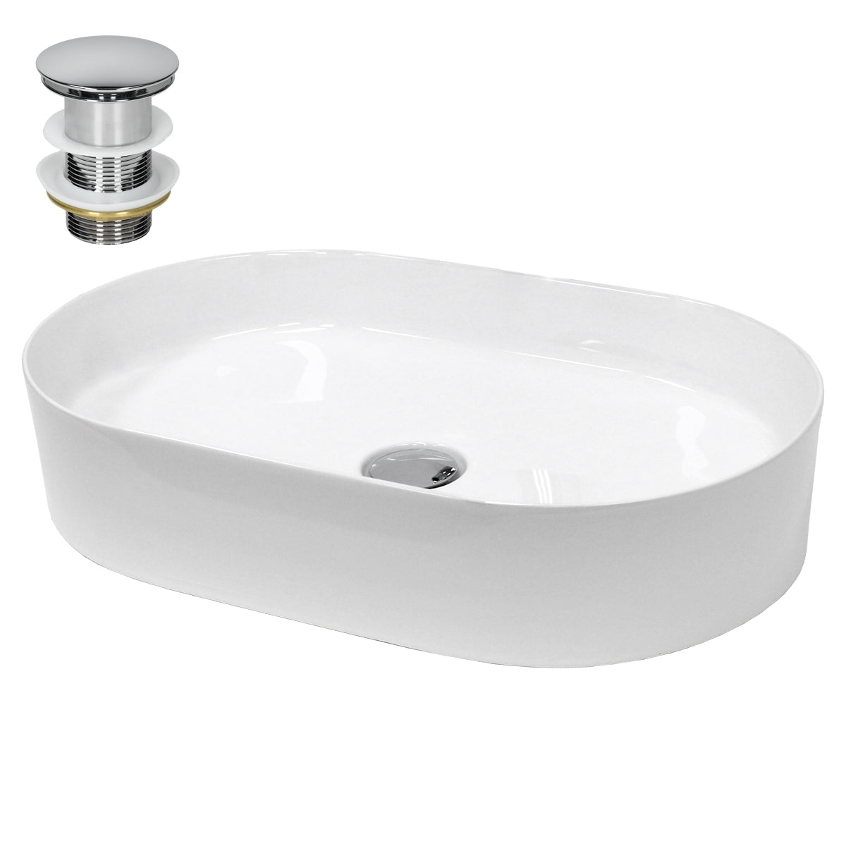 Weißes ovales Waschbecken mit Abflussloch und verchromtem Wasserhahn.