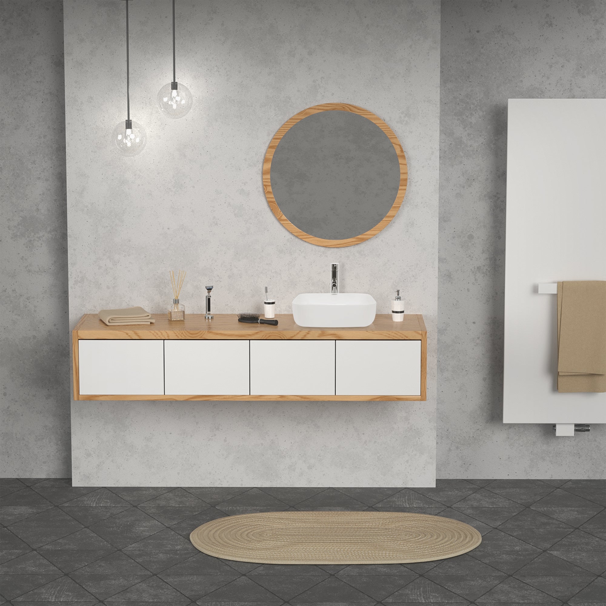 Vue moderne de la salle de bain avec lavabo, armoire en bois et miroir rond.