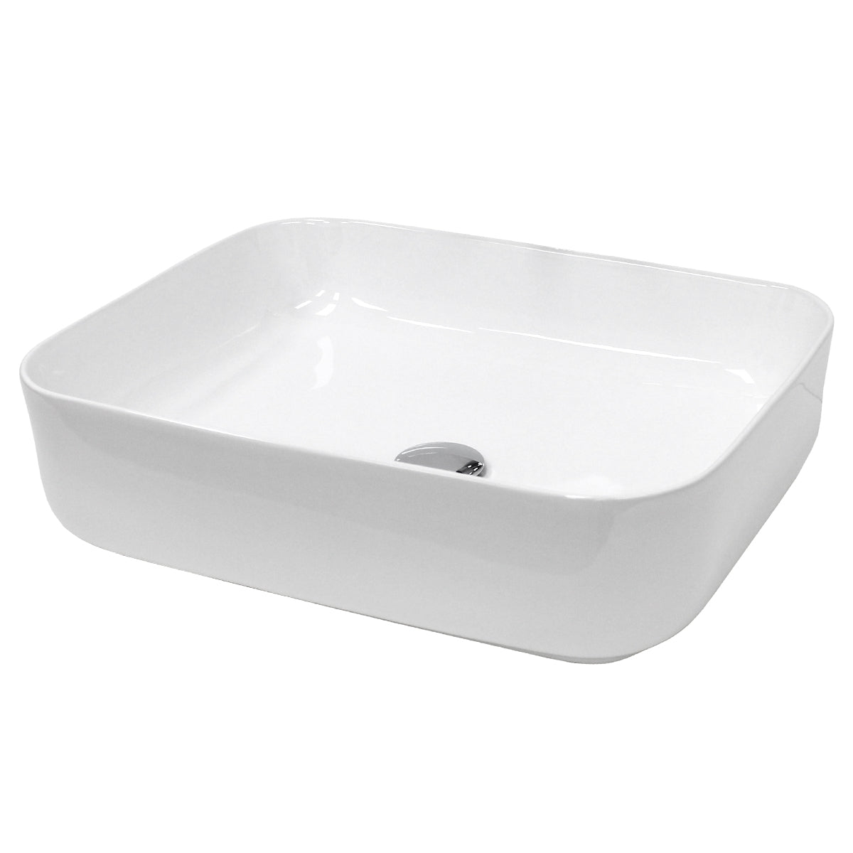 Rectangular, white sink with a drain hole.